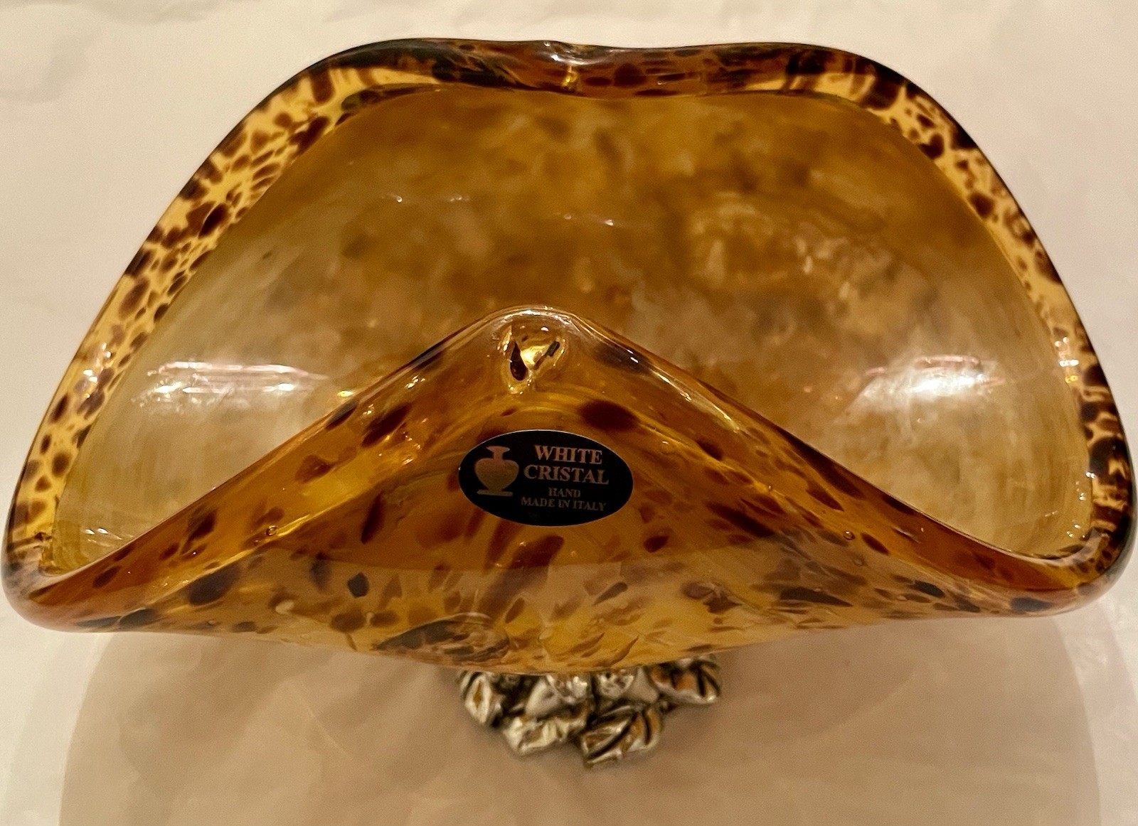 Murano Glass White Cristal Amber Spots Napkin Holder Center Piece With Base VTG Murano Glass White Cristal Amber Spots Napkin Holder Center Piece With Base VTG