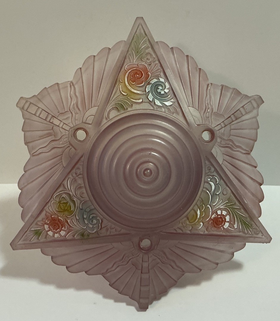 VINTAGE ART DECO CONSOLIDATED GLASS FLUSH MOUNT SHADE PINK W/ FLOWERS RARE VINTAGE ART DECO CONSOLIDATED GLASS FLUSH MOUNT SHADE PINK W/ FLOWERS RARE