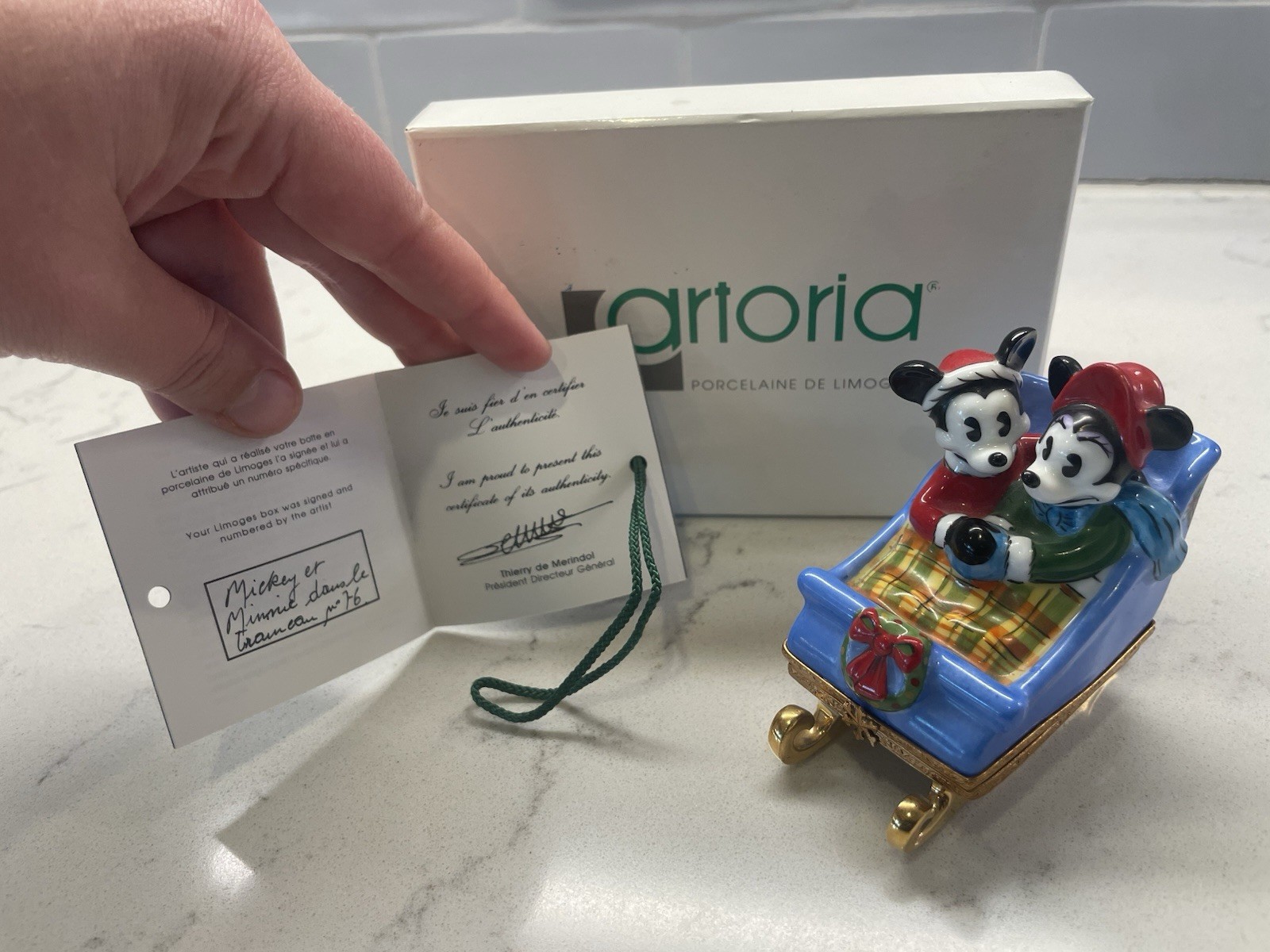 Disney Mickey Minnie Christmas Sleigh Artoria Limoges #76 COA AS IS