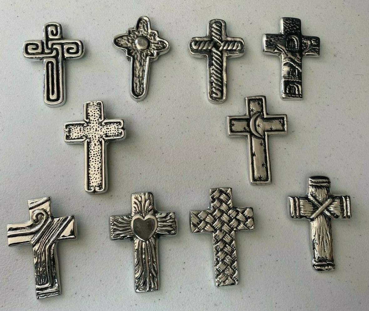 10 PIECE WHOLESALE SMALL HAND MADE PEWTER CROSSES , SILVER , RELIGIOUS  , MIX 