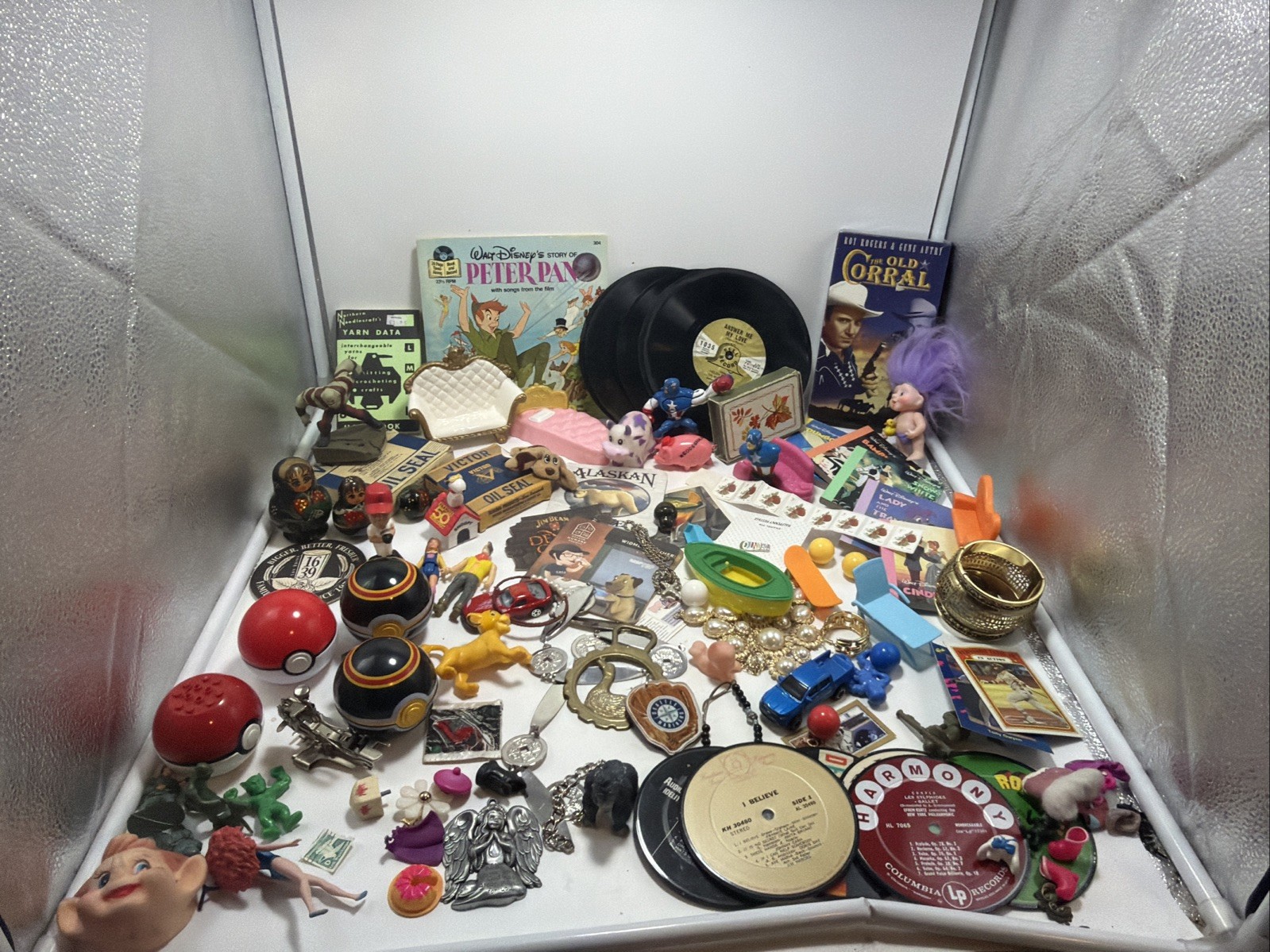 Huge Vtg Junk Drawer Flea Market Unique Treasure Trinket Lot  Toys Cards Records