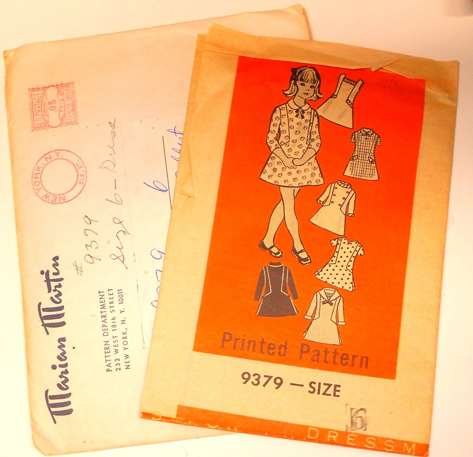 Vintage Mail Order Pattern Marion Martin Girl Size 6 Dress #9379- with envelope