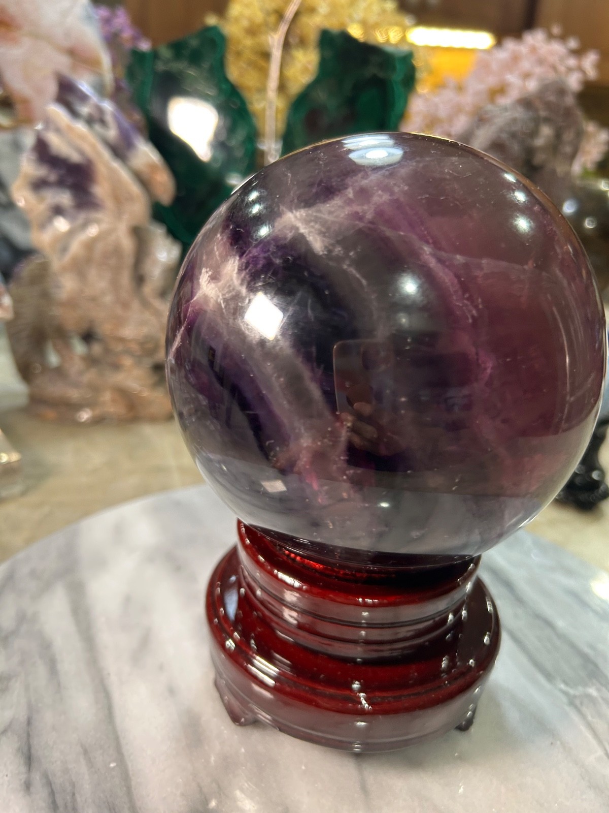 Flourite mica sphere with stand UV reactive 4.50” 6 lbs on wood stand