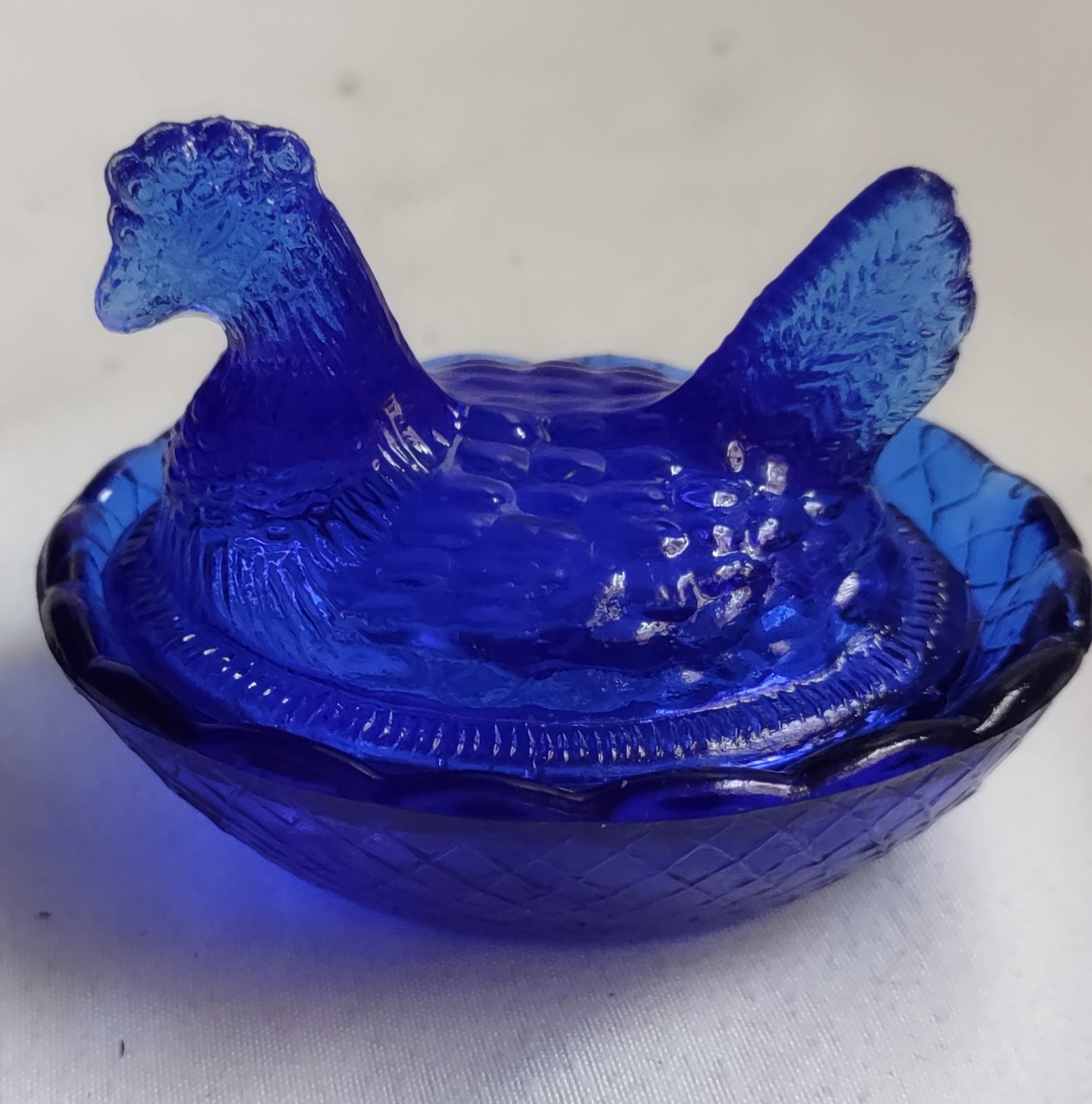 Vintage Cobalt Blue Glass Hen on Nest Salt Cellar Mini Lidded Dish Farmhouse