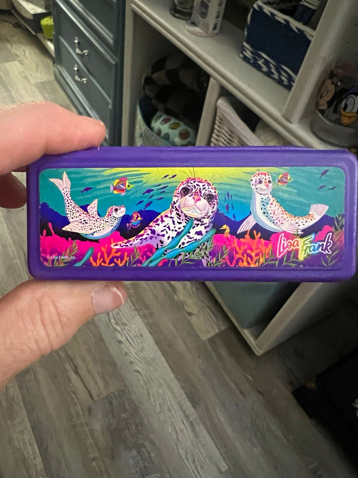 Vintage Lisa Frank Purple Plastic bandaid Case with Seal Design great condition