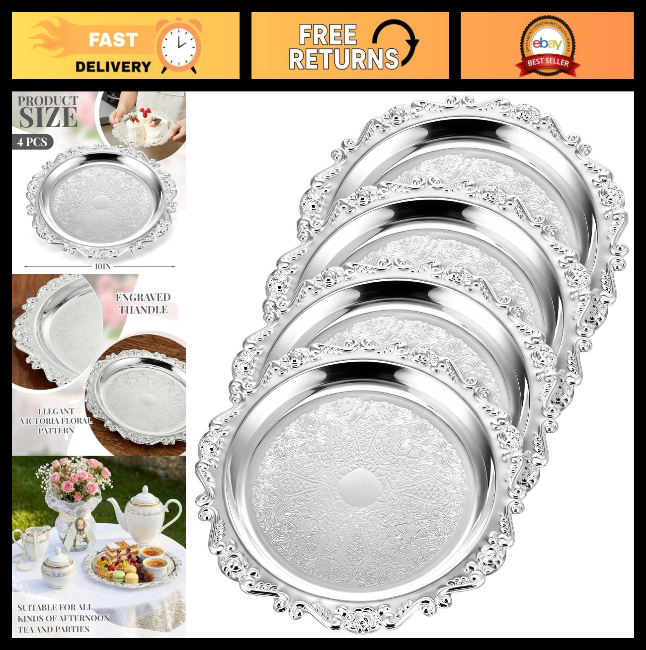 Set of 4 Vintage Floral Silver Serving Trays - 10 Inch Round Metal Platters Set of 4 Vintage Floral Silver Serving Trays - 10 Inch Round Metal Platters