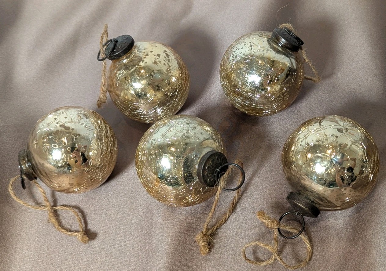 x5 Vintage Gold Crackle Kugel Style Ball Heavy Glass Christmas Ornaments x5 Vintage Gold Crackle Kugel Style Ball Heavy Glass Christmas Ornaments