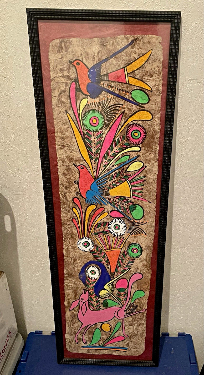 Vintage Mexican Amate Bark Painting Vibrant Folk Art Birds & Deer, Framed 37x12” Vintage Mexican Amate Bark Painting Vibrant Folk Art Birds & Deer, Framed 37x12”