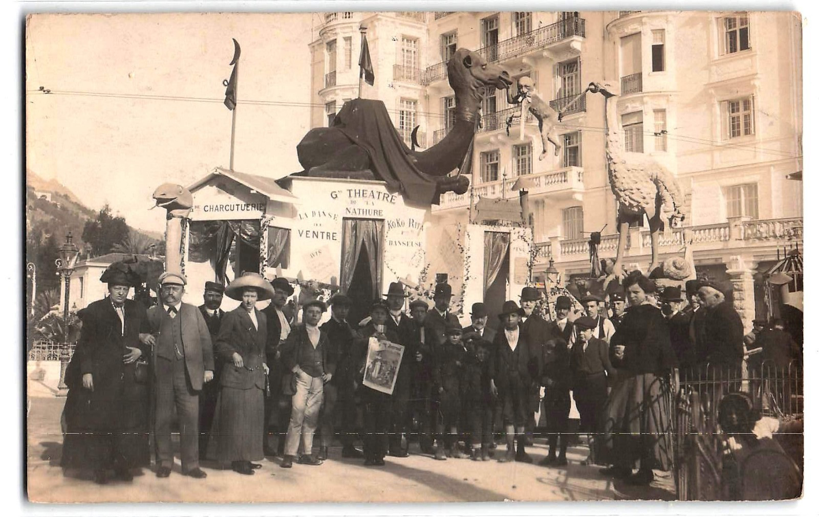 Early 1900's RPPC Postcard, European Fair Crowd w/ Dragon Statue, Circus Theatre