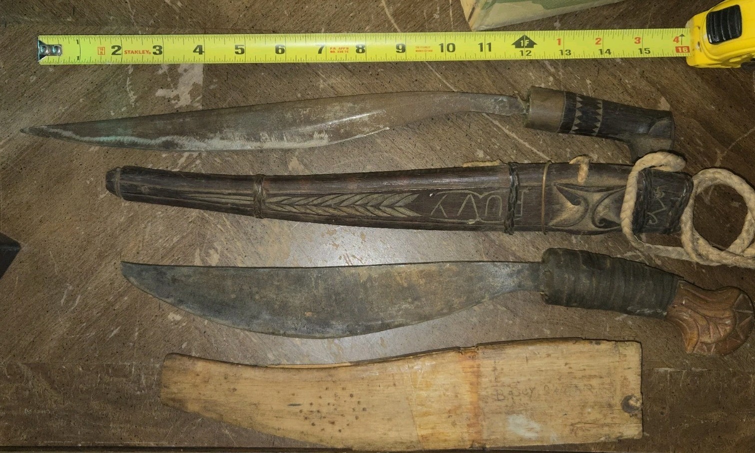 TWO OLD WW2 ERA PHILLIPINES KNIVES WITH HANDCARVED WOOD SHEATHS WYSIWYG REDUCED 