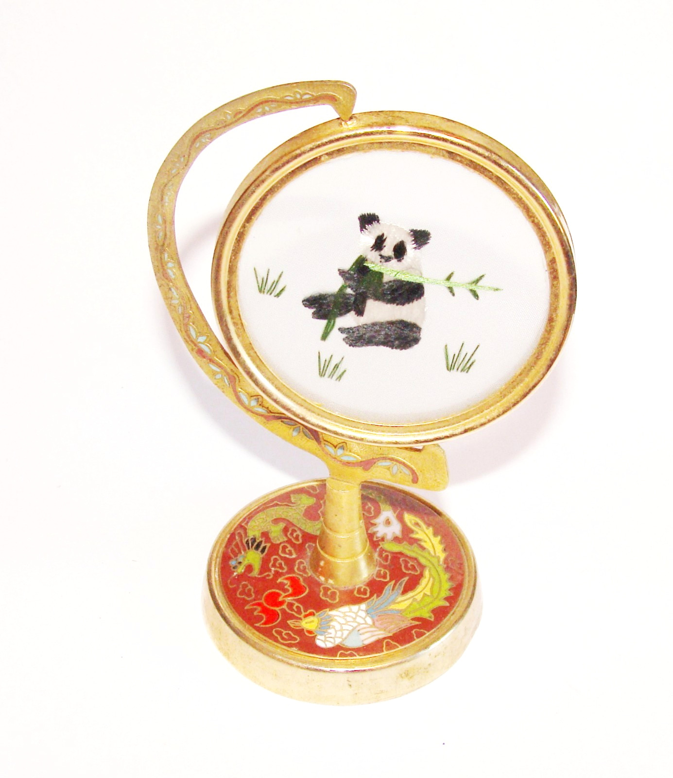 Vtg Chinese Embroidery Suzhou Silk 2-Sided Panda Enamel Cloisonne Spinning Stand