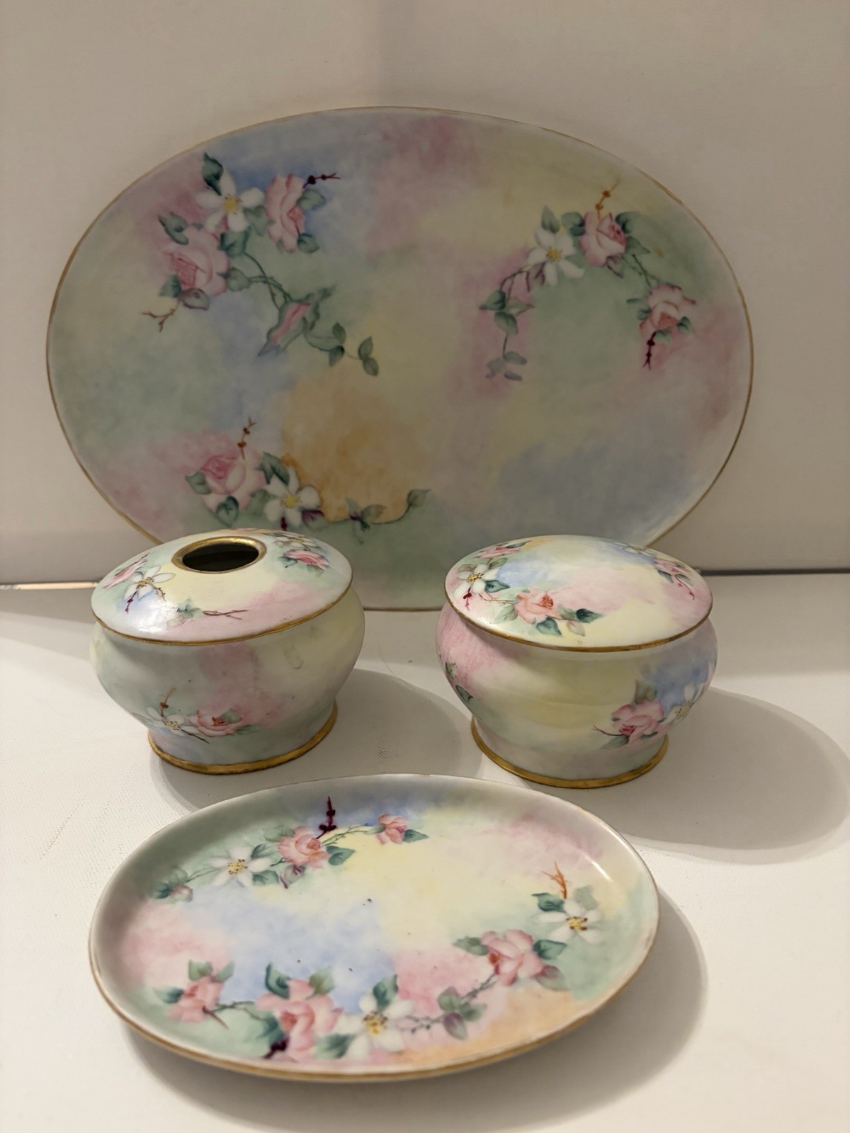 Antique Weimar Germany Porcelain Vanity Dresser Set 4 pcs Handpainted and Signed
