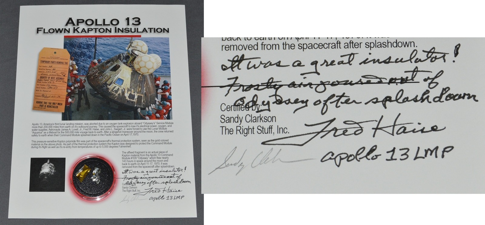 FRED HAISE SIGNED Apollo 13 Space Lunar Flown Kapton Foil Artifact Relic