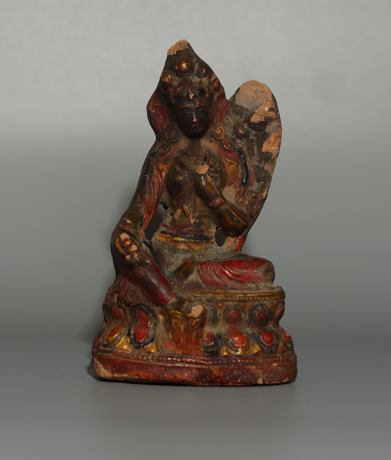 Tibet 1700s Old Antique Buddhist Painted Clay Tsa Tsa Buddha Statue Green Tara