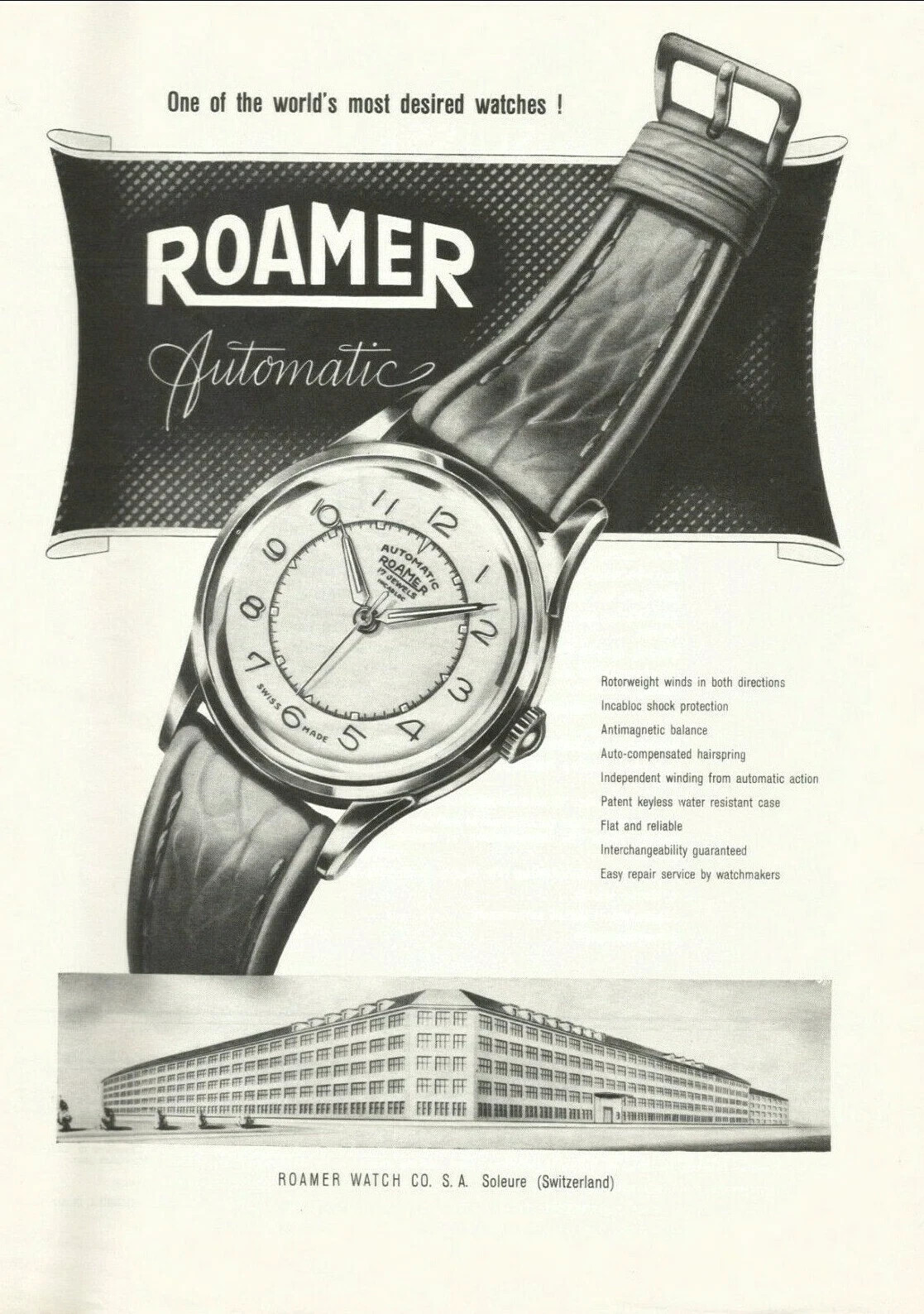 MCM original 1953 print ad ROAMER AUTOMATIC Swiss Suisse watch MID CENTURY ART