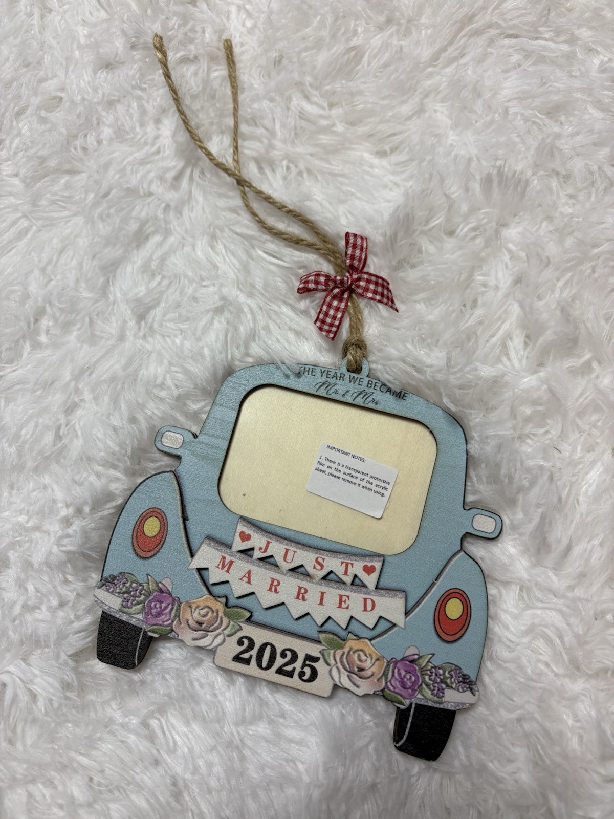 Just Married 2025 Christmas Ornament Photo Frame. Wood Material Blue