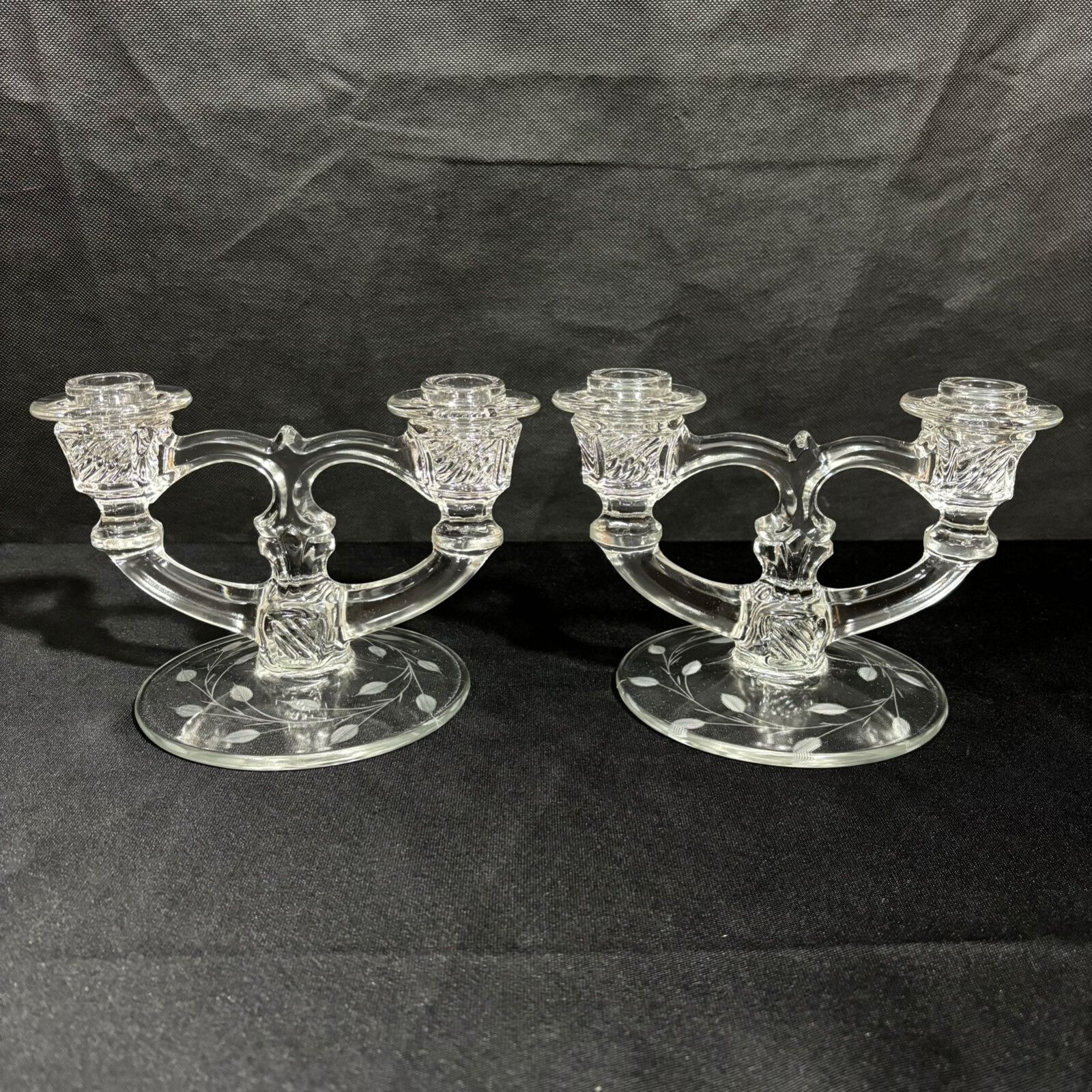 Pair of Double Candlesticks Clear Glass Floral Etched Base Candle Holders Set