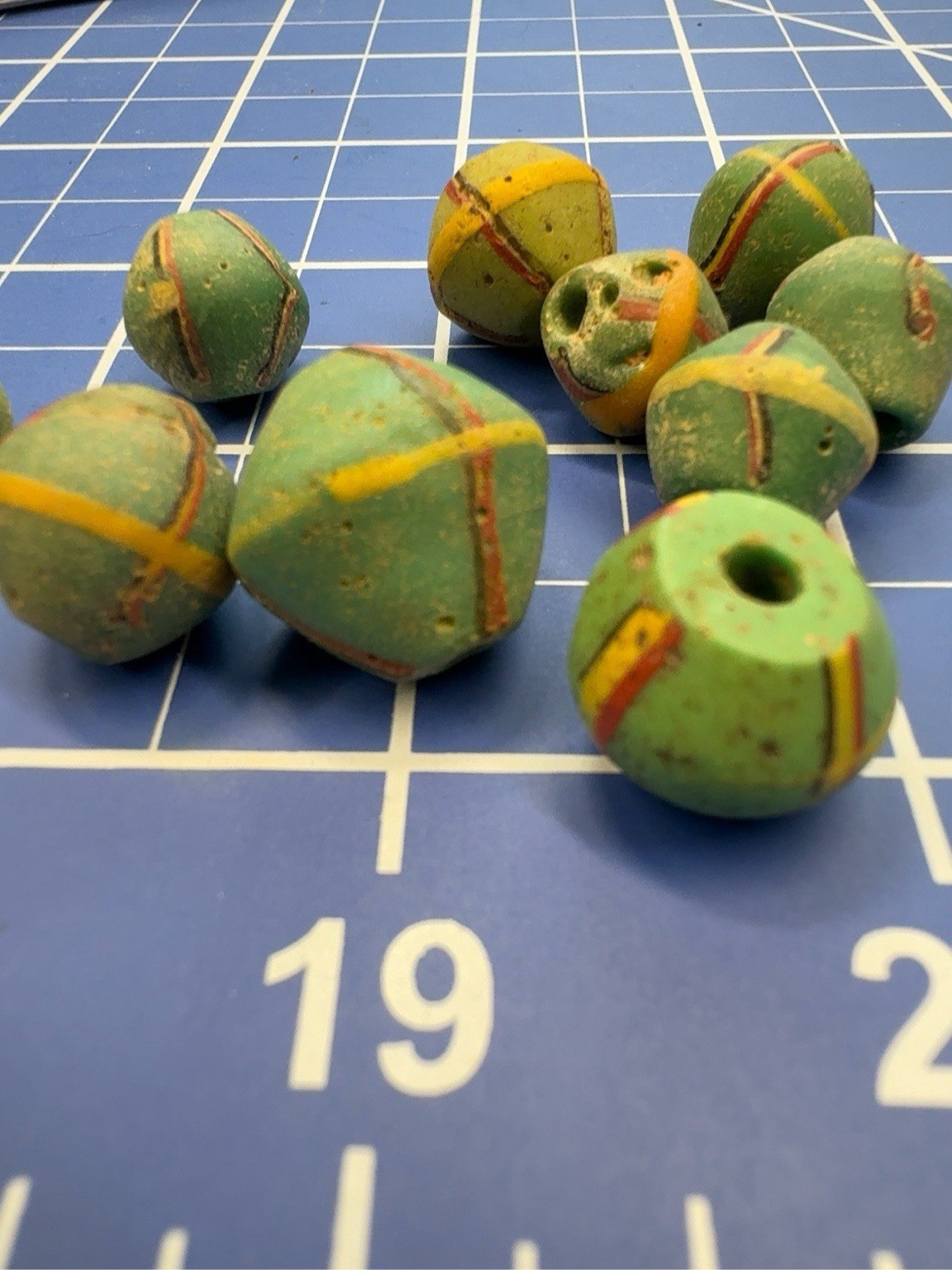 11 Antique Venetian King Beads Green Red Yellow African Trade Glass 1800s