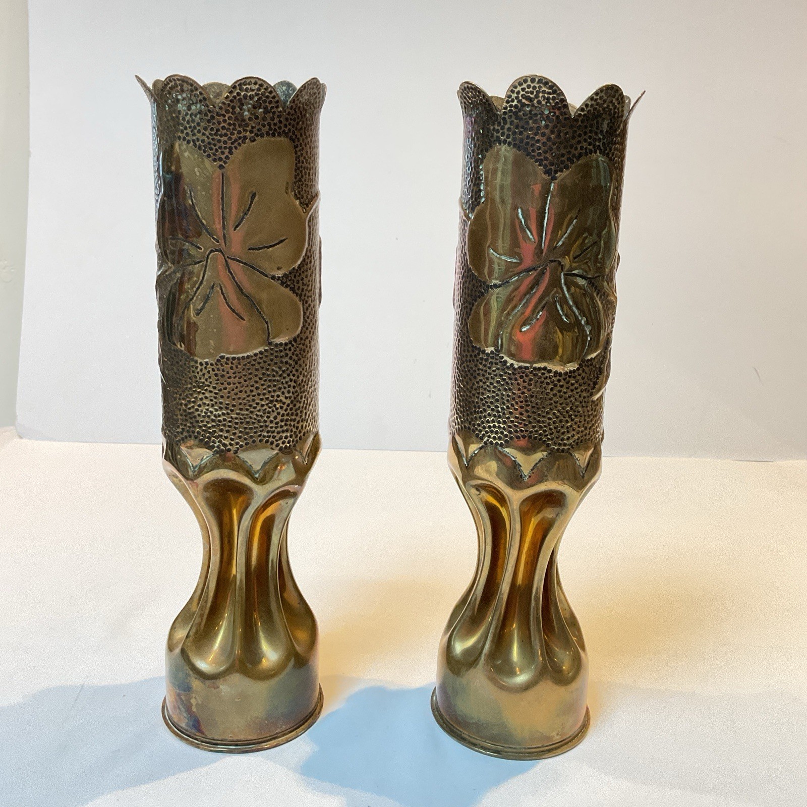 Pair WW1 French 75mm Brass Trench Art Shell Case Vases Floral 1918 Pair WW1 French 75mm Brass Trench Art Shell Case Vases Floral 1918