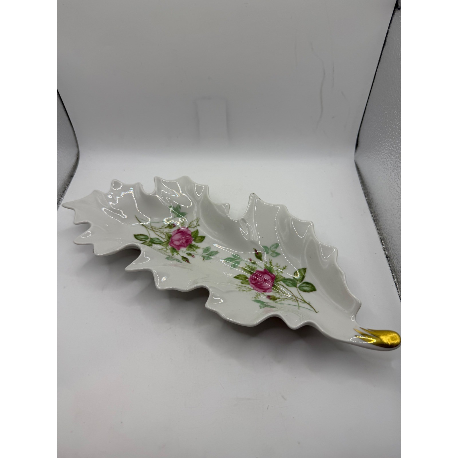 Old Nuremberg Bavaria Germany Porcelain Leaf Dish Pink Rose Gold Trim 10.5 Inch