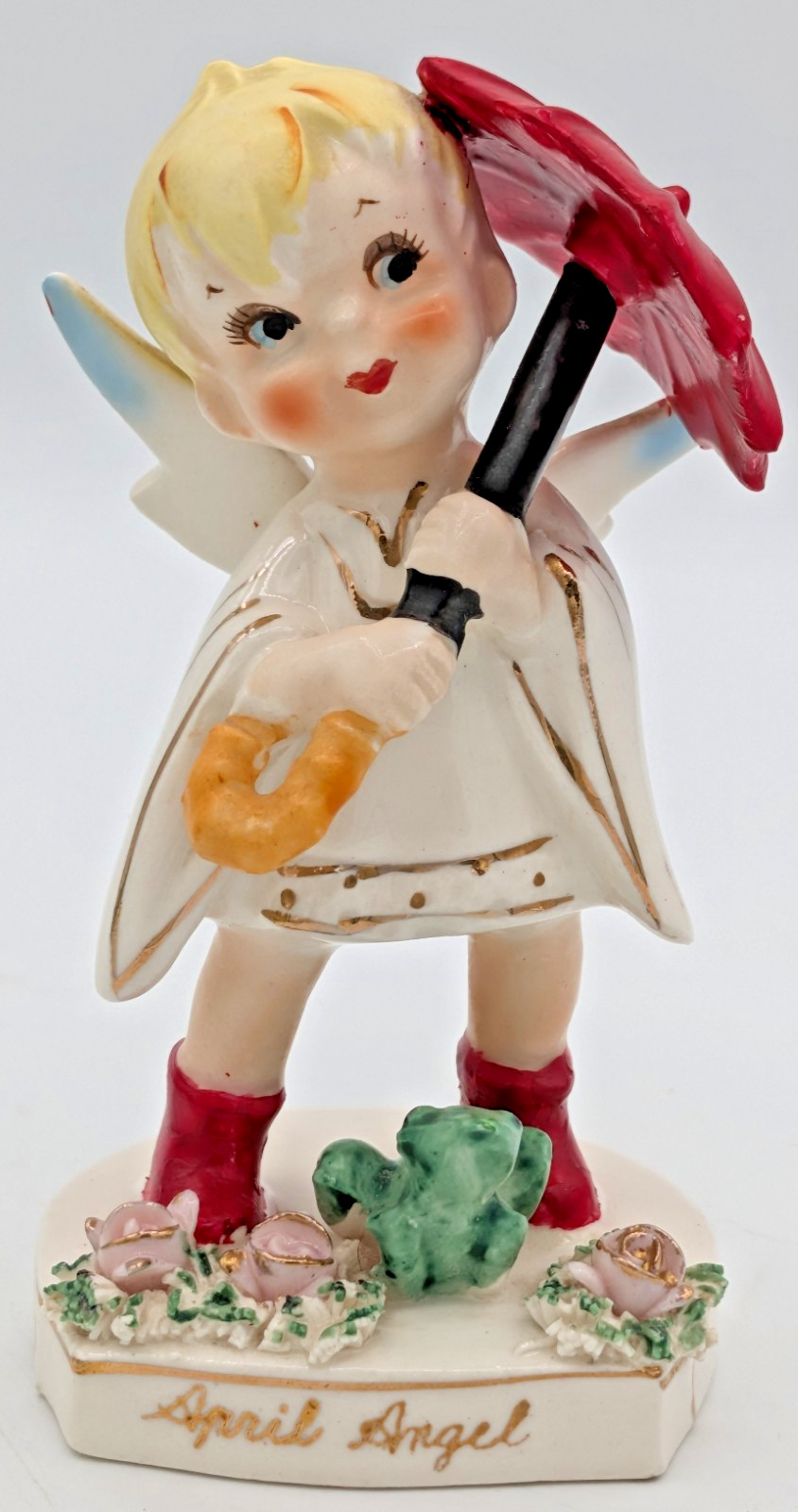 Vtg 1950s Lefton April Boy Angel Figurine 556 Umbrella Frog Red Foil Label MINT Vtg 1950s Lefton April Boy Angel Figurine 556 Umbrella Frog Red Foil Label MINT