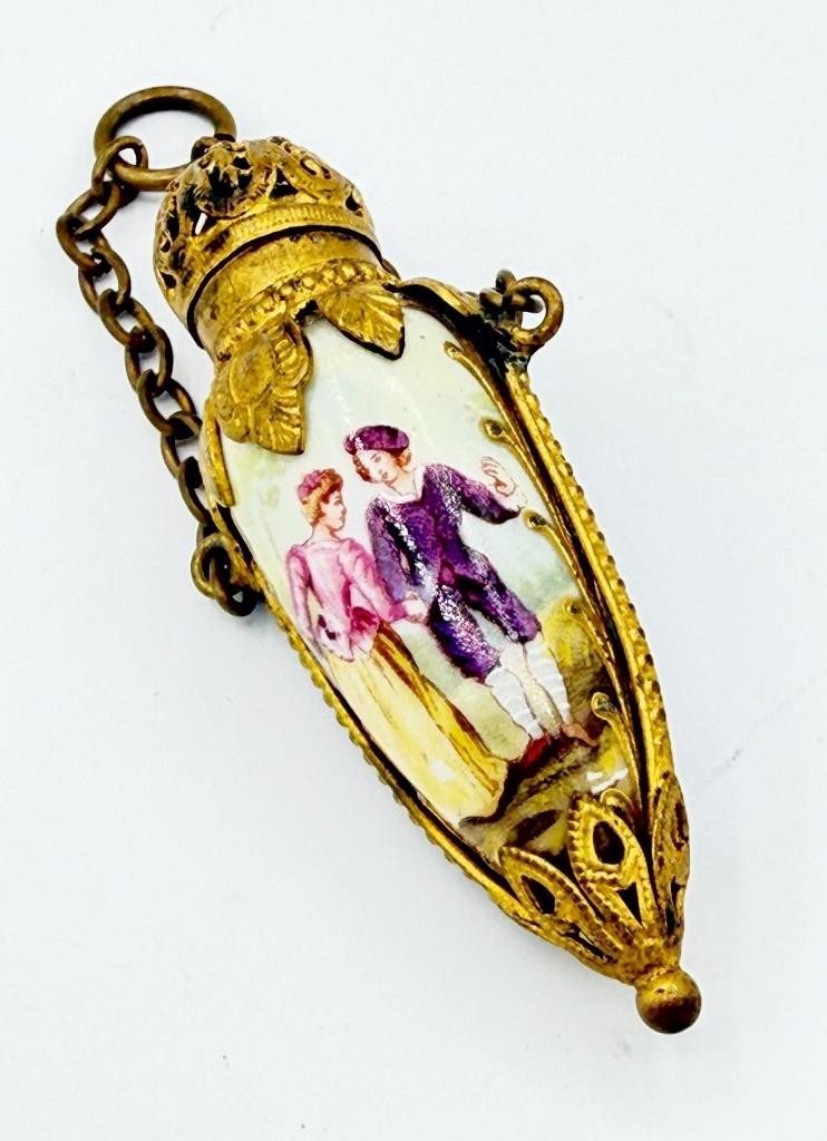 Antique 1800s Gold-Tone Chatelaine Porcelain Perfume Scent Bottle Lovers