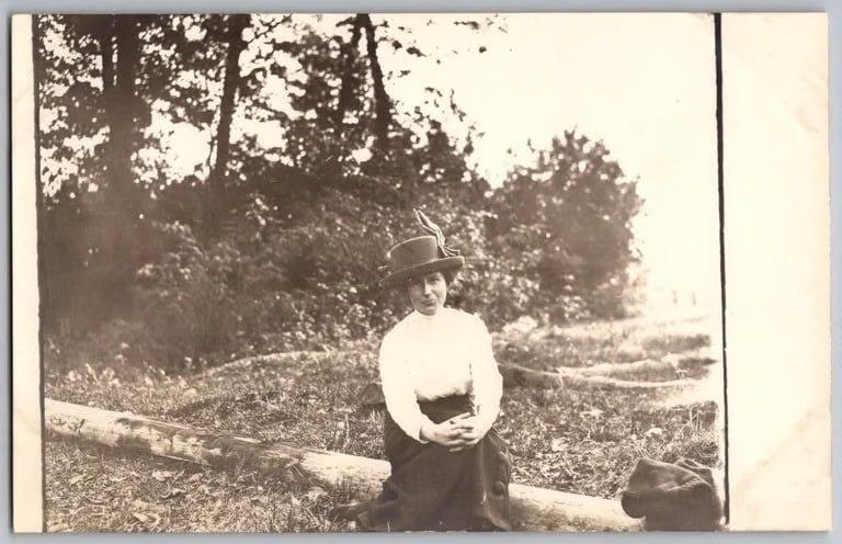 Arlington Wa RPPC Postcard Woman in Hat Sitting on a Log c1900-10s