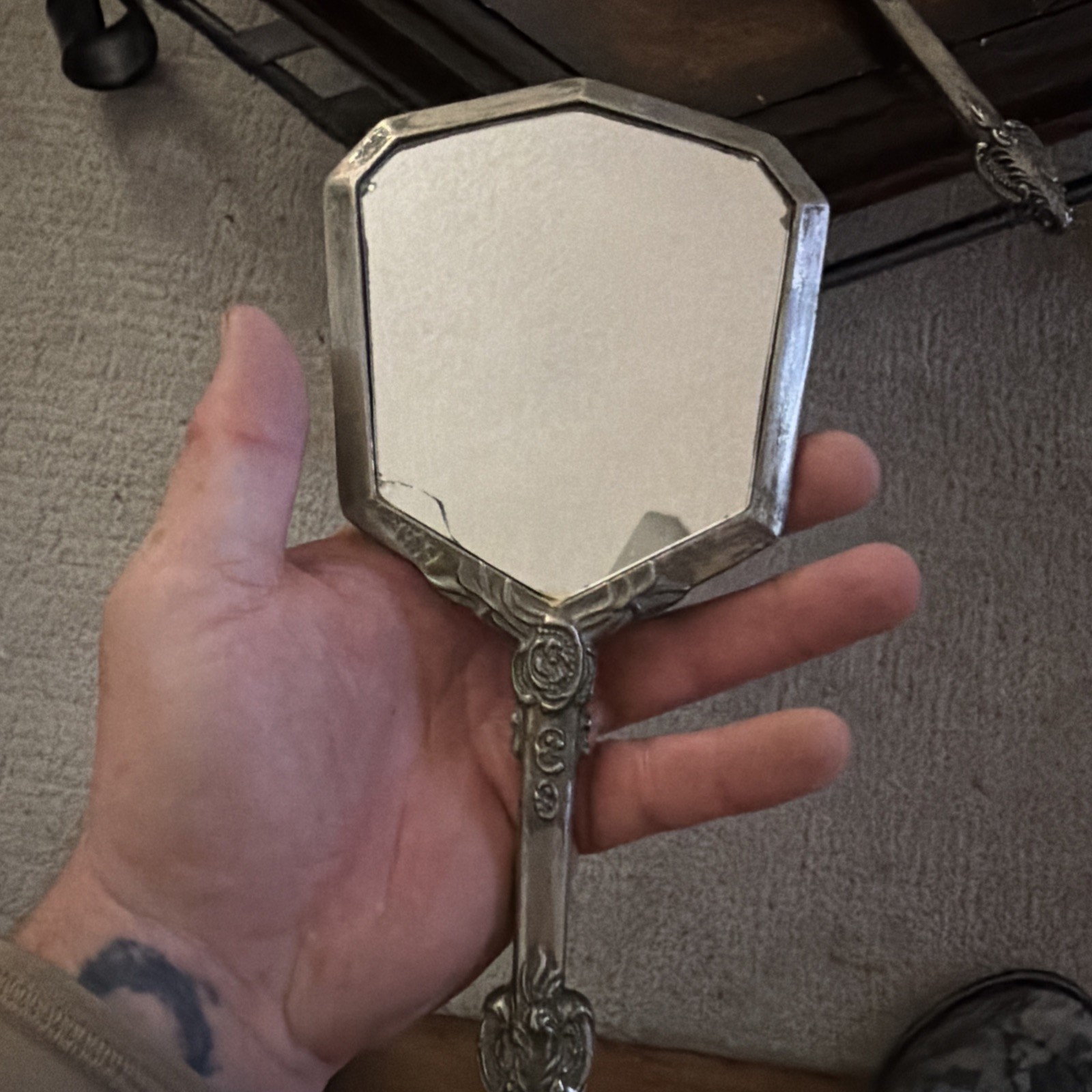 Vintage Octagonal Handheld Mirror w/ Ornate Metal Handle, Glass, 8 in