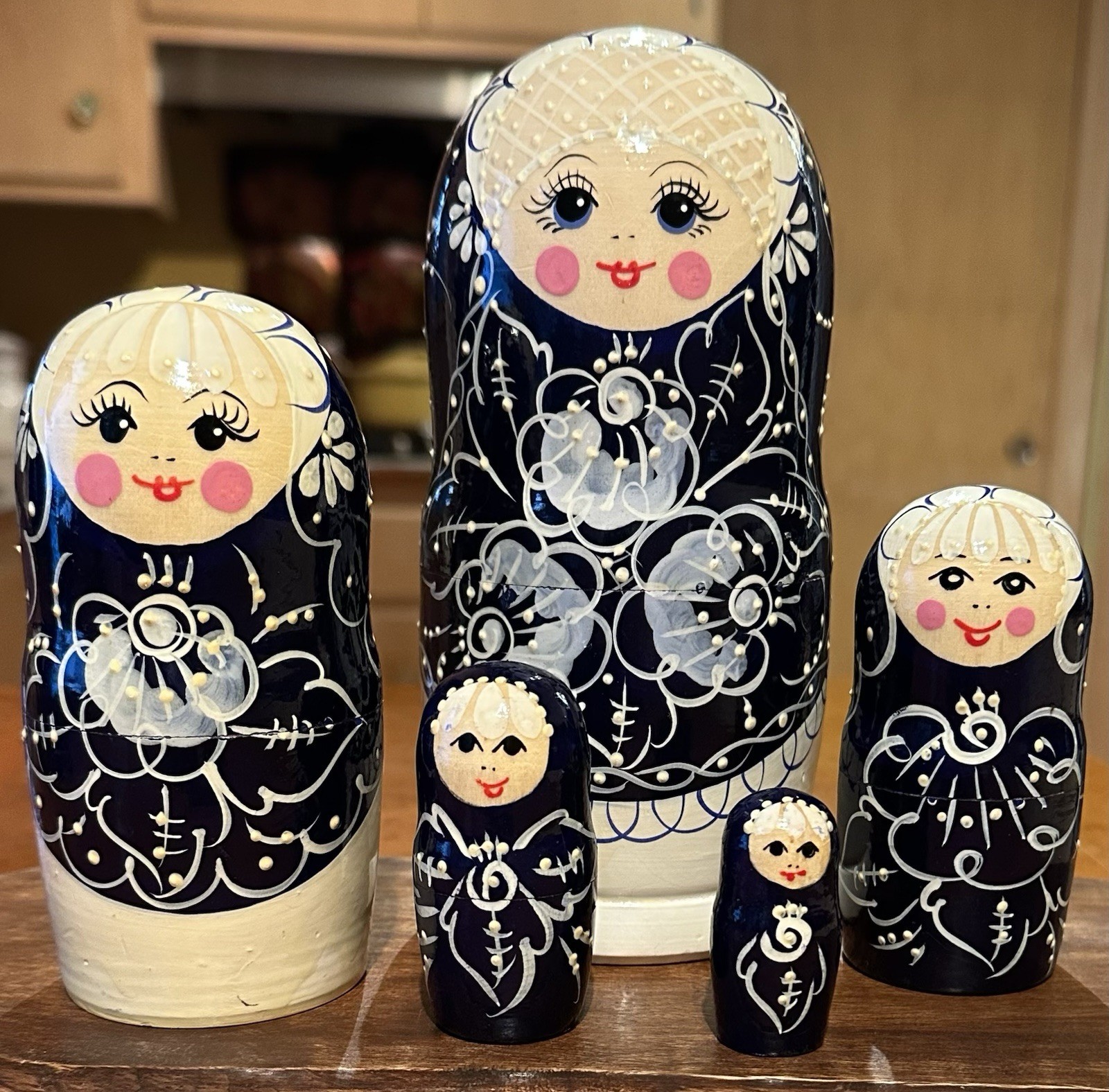 Vintage Russian Nesting Dolls 5 Piece Set - Gzhel Style Hand Painted