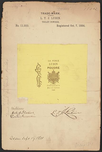 Photo:L T J Lubin La Perle Toilet Powder Trademark 1884 Document