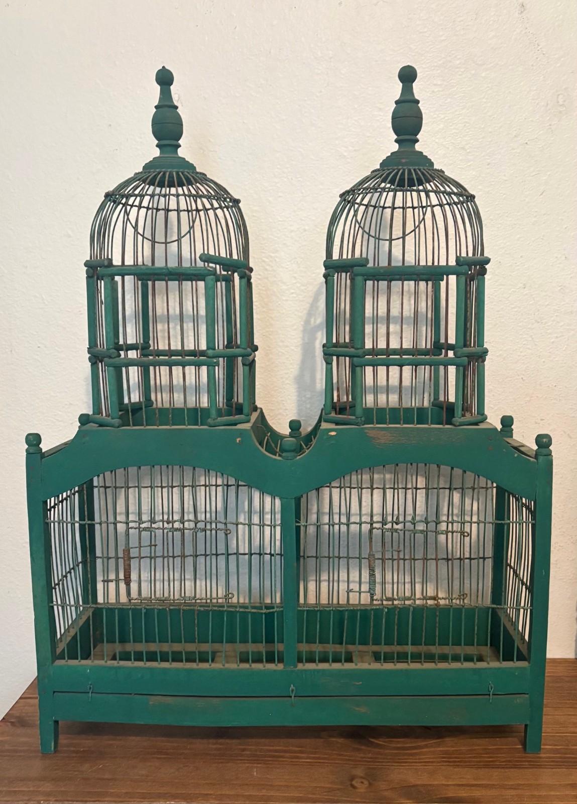 Antique Vtg Victorian Style Cathedral Double Dome Wood & Wire Bird Cage, 26 Antique Vtg Victorian Style Cathedral Double Dome Wood & Wire Bird Cage, 26