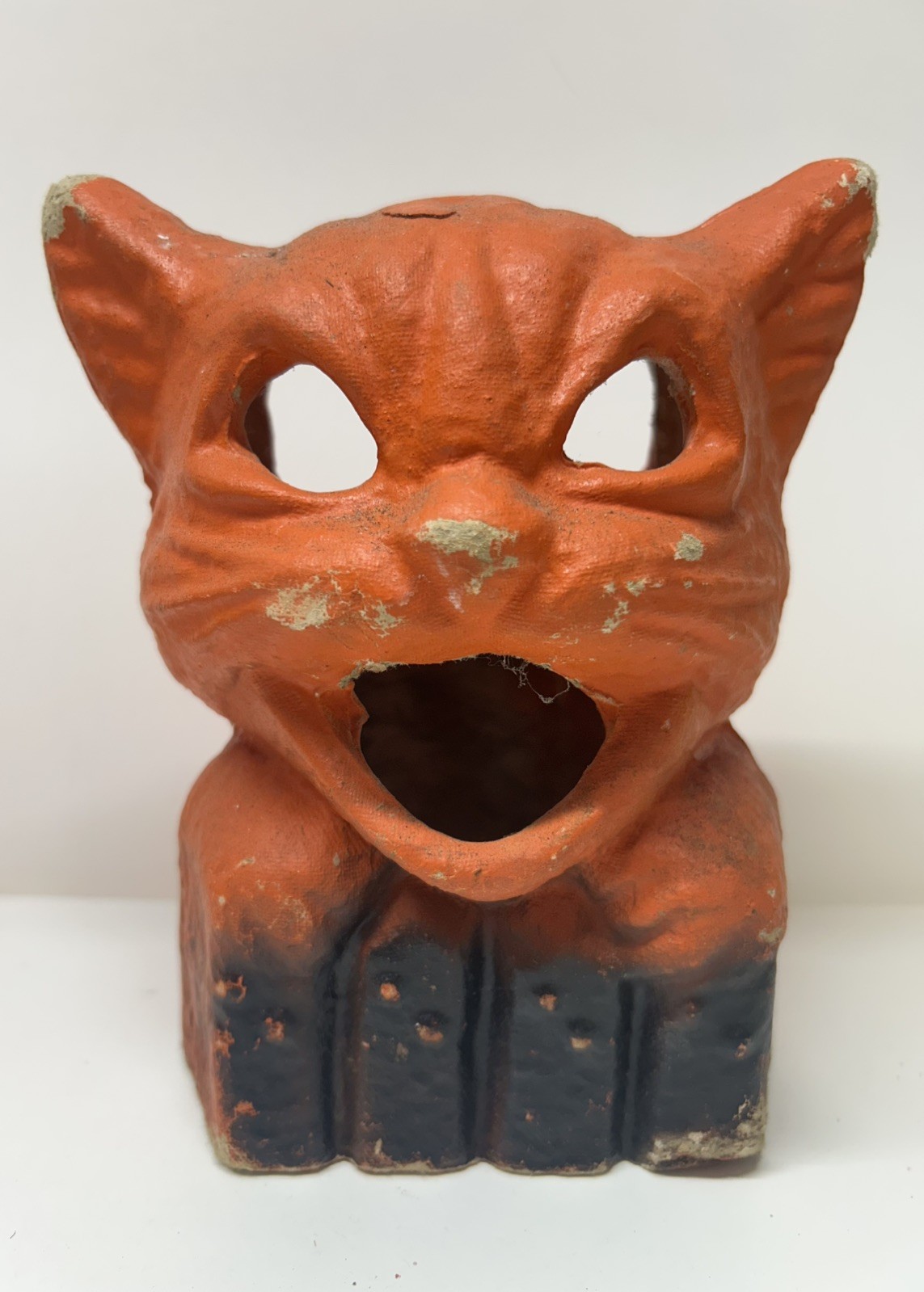 Vintage 1930’s-40’s Halloween Paper Mache Orange Cat On Fence Jack O Lantern