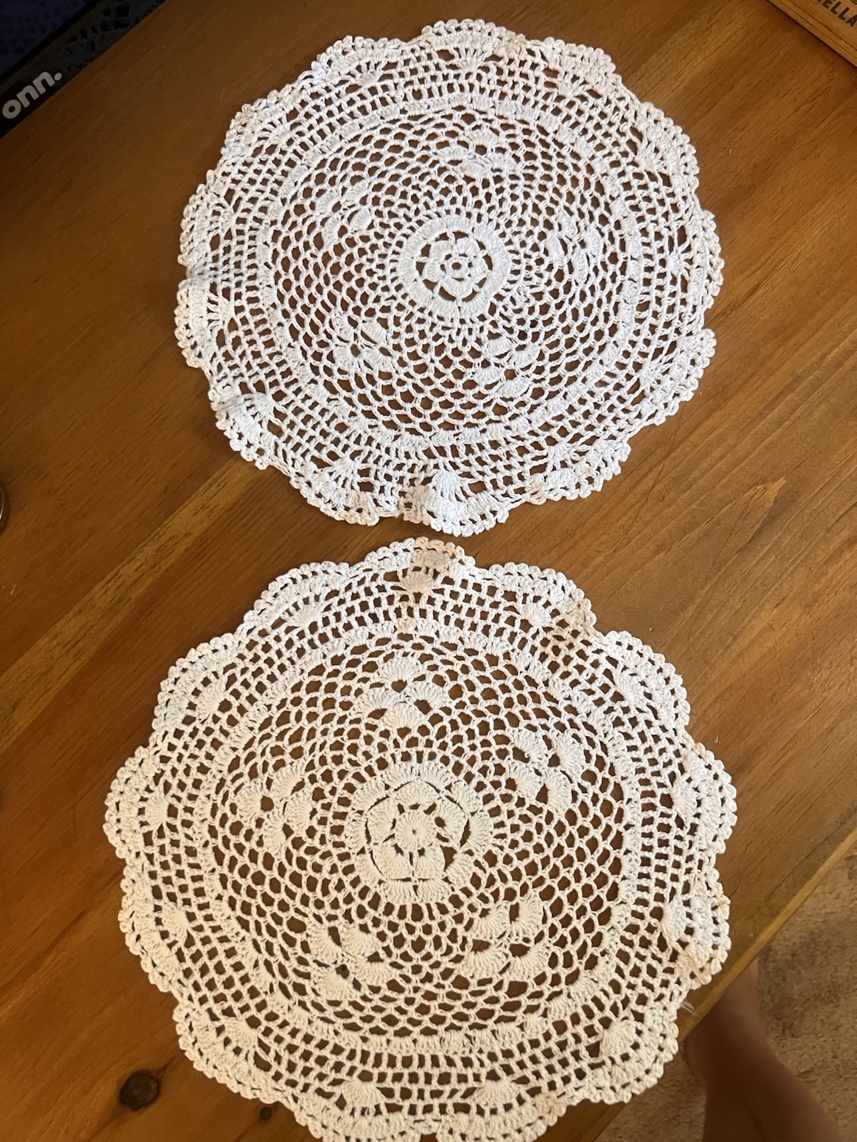 Two Vintage white cotton crochet lace doily,round, floral center, scalloped edge Two Vintage white cotton crochet lace doily,round, floral center, scalloped edge