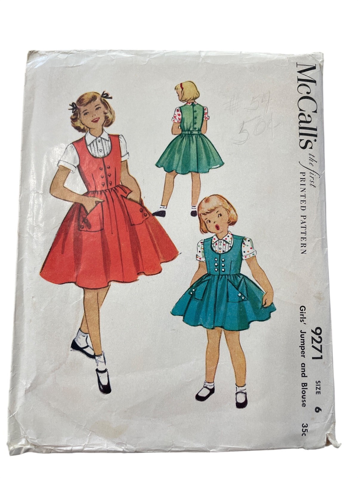 Vintage 50s McCalls 9271 Sewing Pattern Size 6 Girls Jumper & Blouse Retro CUT 