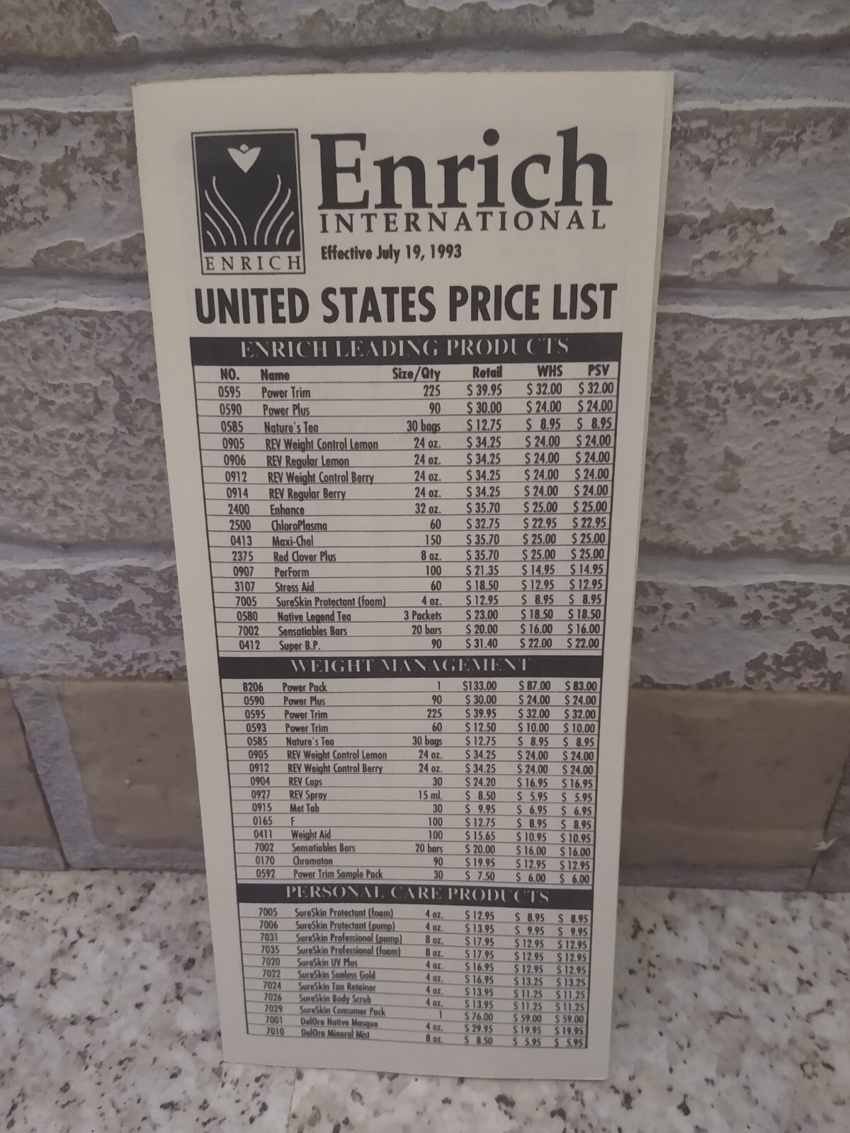 Vintage Enrich International United States Price List July 19, 1993