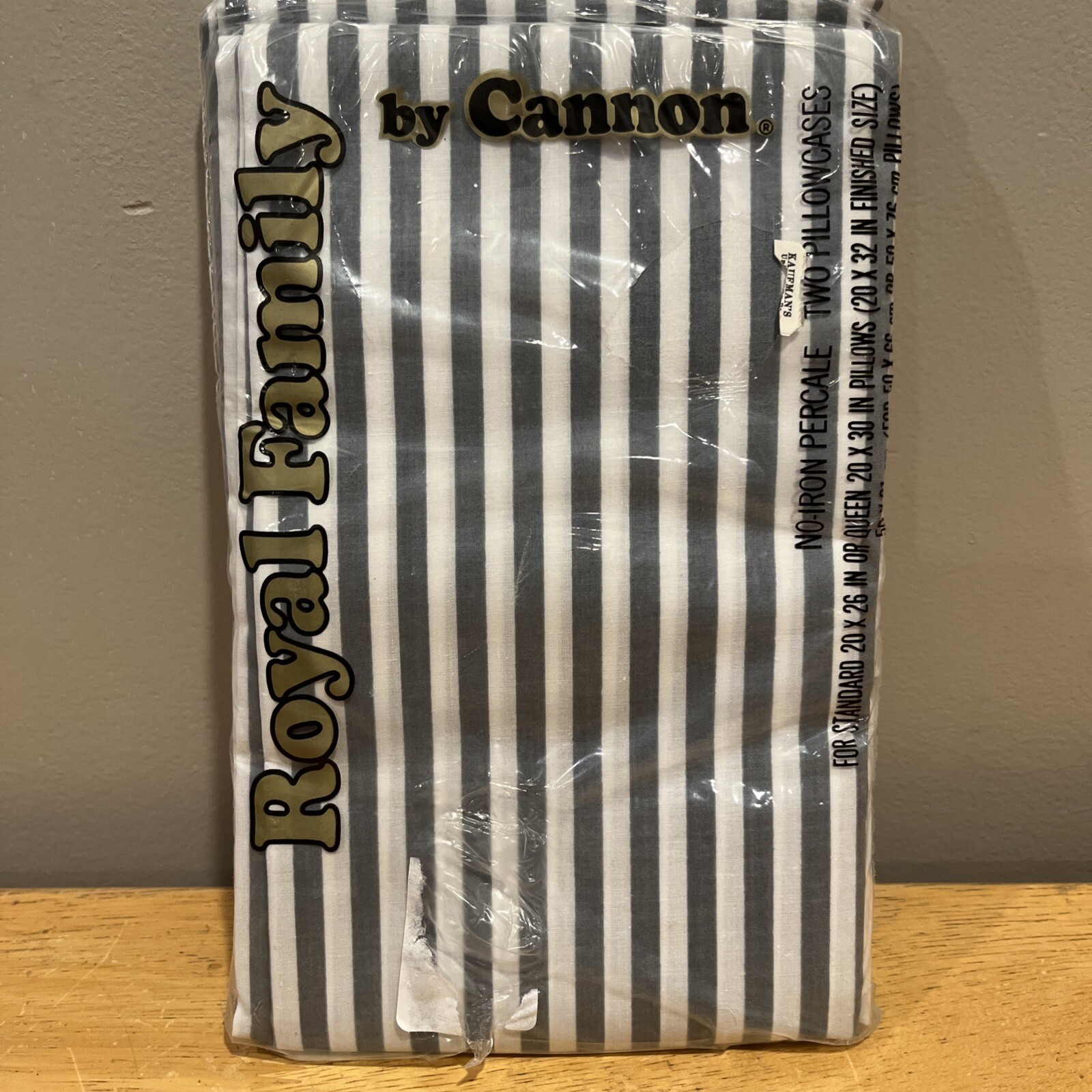 Vtg NOS Cannon Royal Family Gray Striped Standard Queen Pillowcases Set of 2