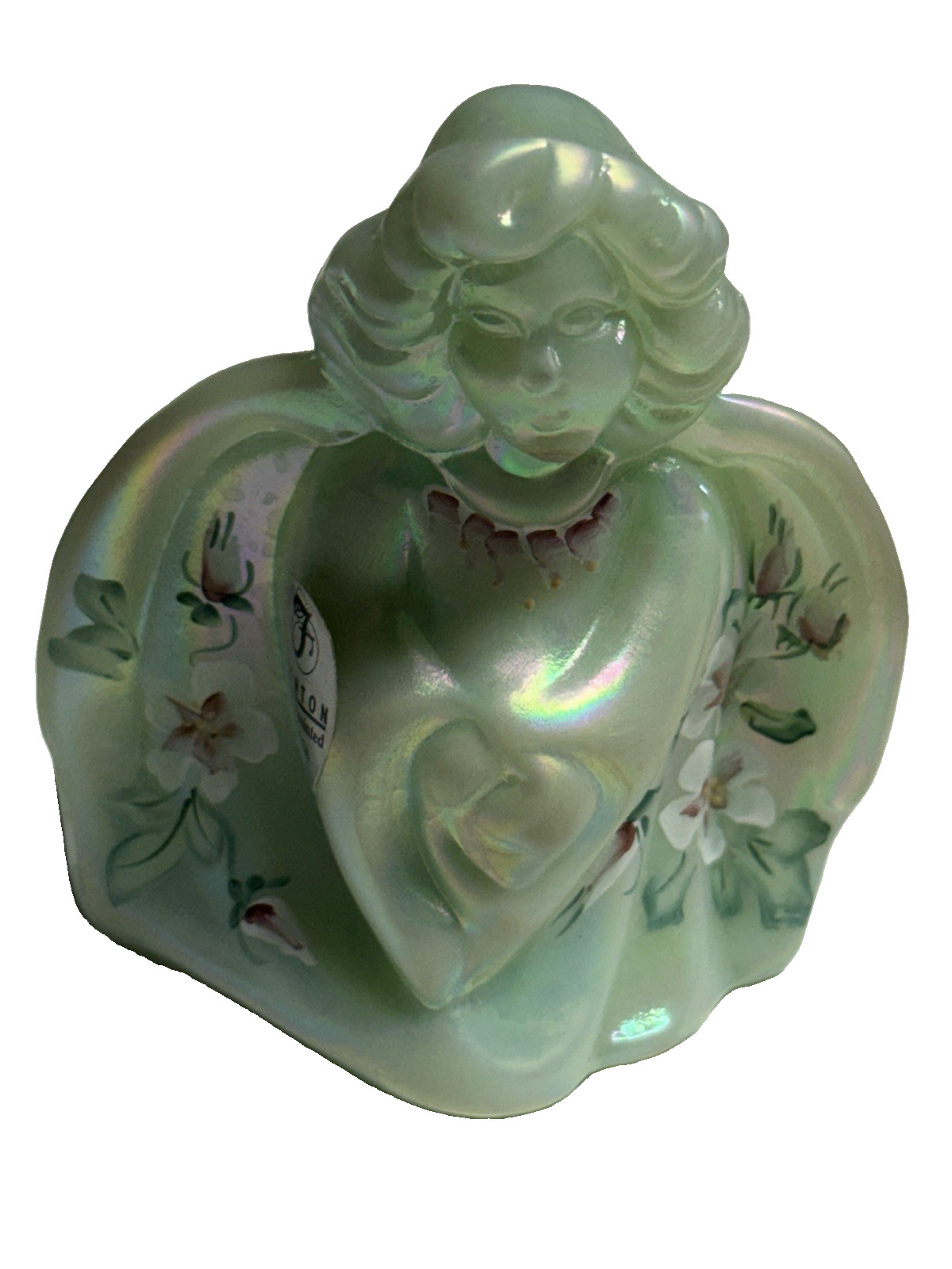 Fenton Guardian Angel Pearlescent Jadeite hand painted floral w/label 3.25”