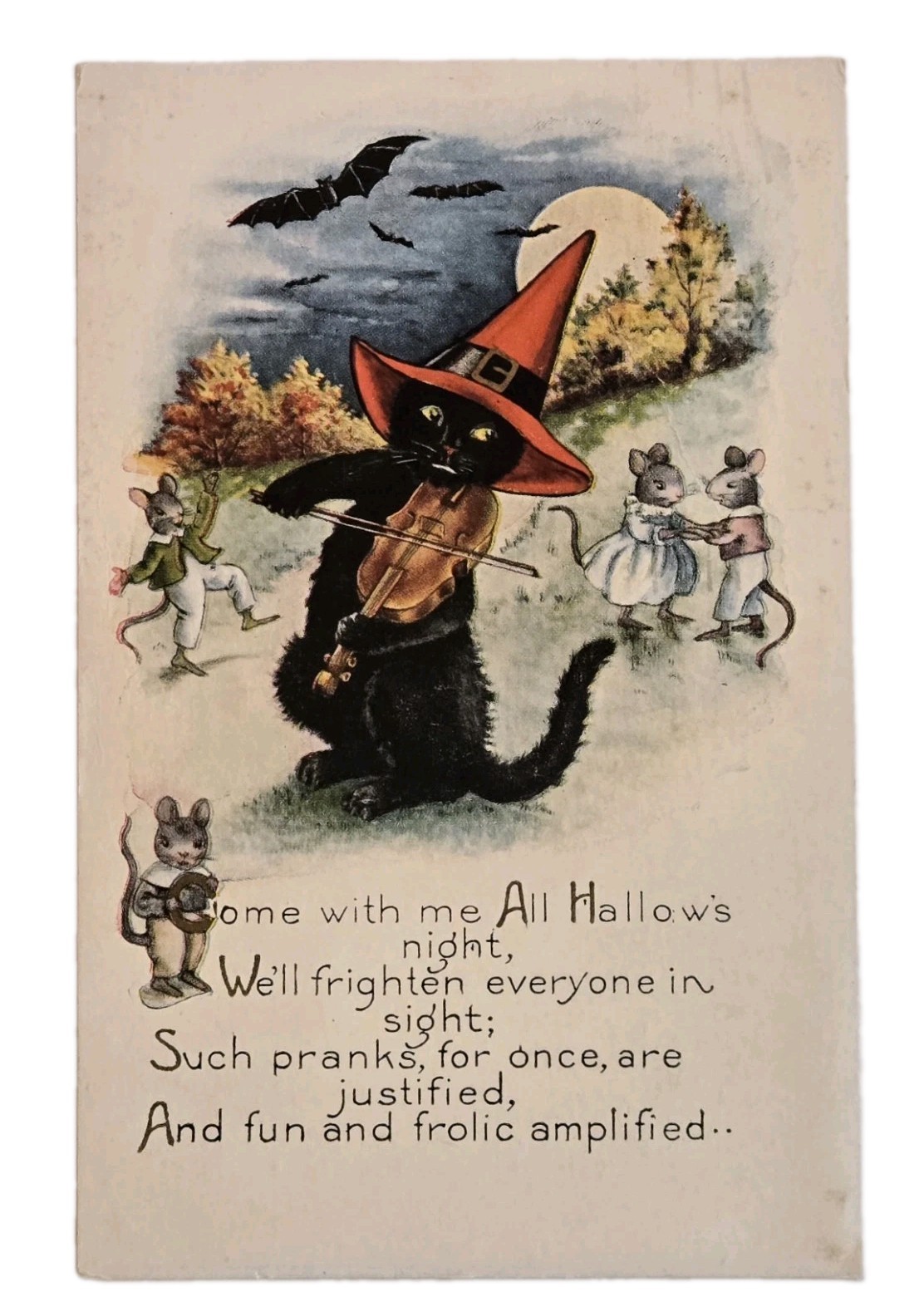 Vintage Whitney Halloween Postcard Black Cat Playing Violin Bats Mice 1924 Vintage Whitney Halloween Postcard Black Cat Playing Violin Bats Mice 1924