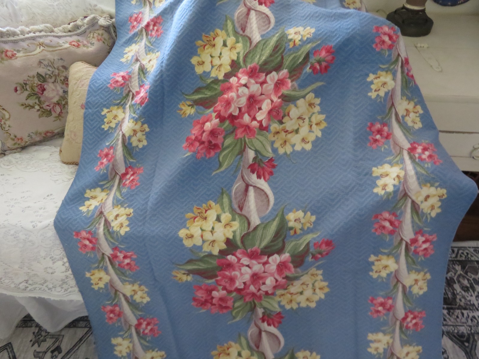1940's Scrolls & PINK Florals on Denim Blue ROMANTIC Nubby Barkcloth Drapes 1940's Scrolls & PINK Florals on Denim Blue ROMANTIC Nubby Barkcloth Drapes