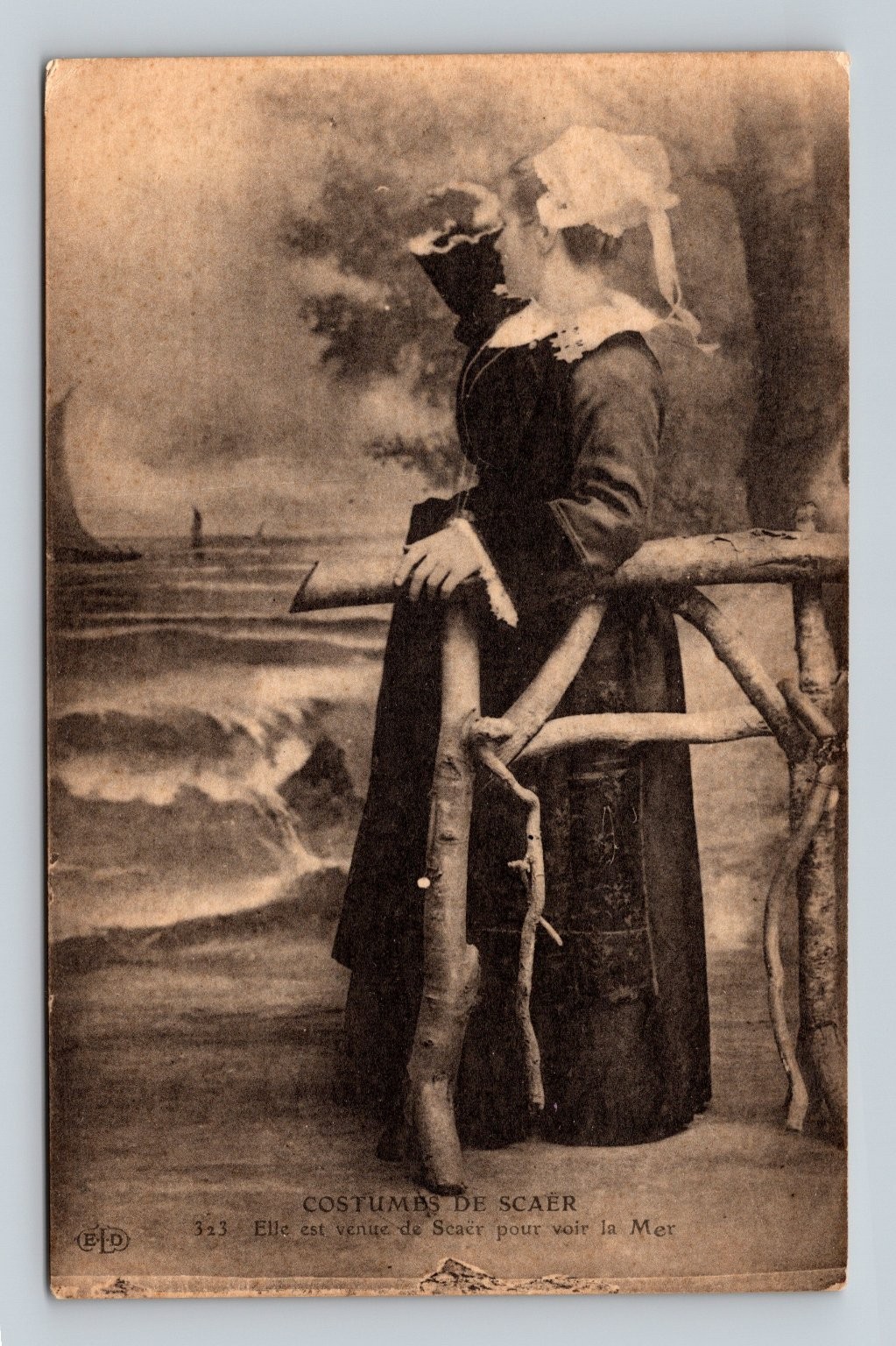 Vintage French Lithograph Postcard Costumes de Scaër Woman by the Sea Vintage French Lithograph Postcard Costumes de Scaër Woman by the Sea