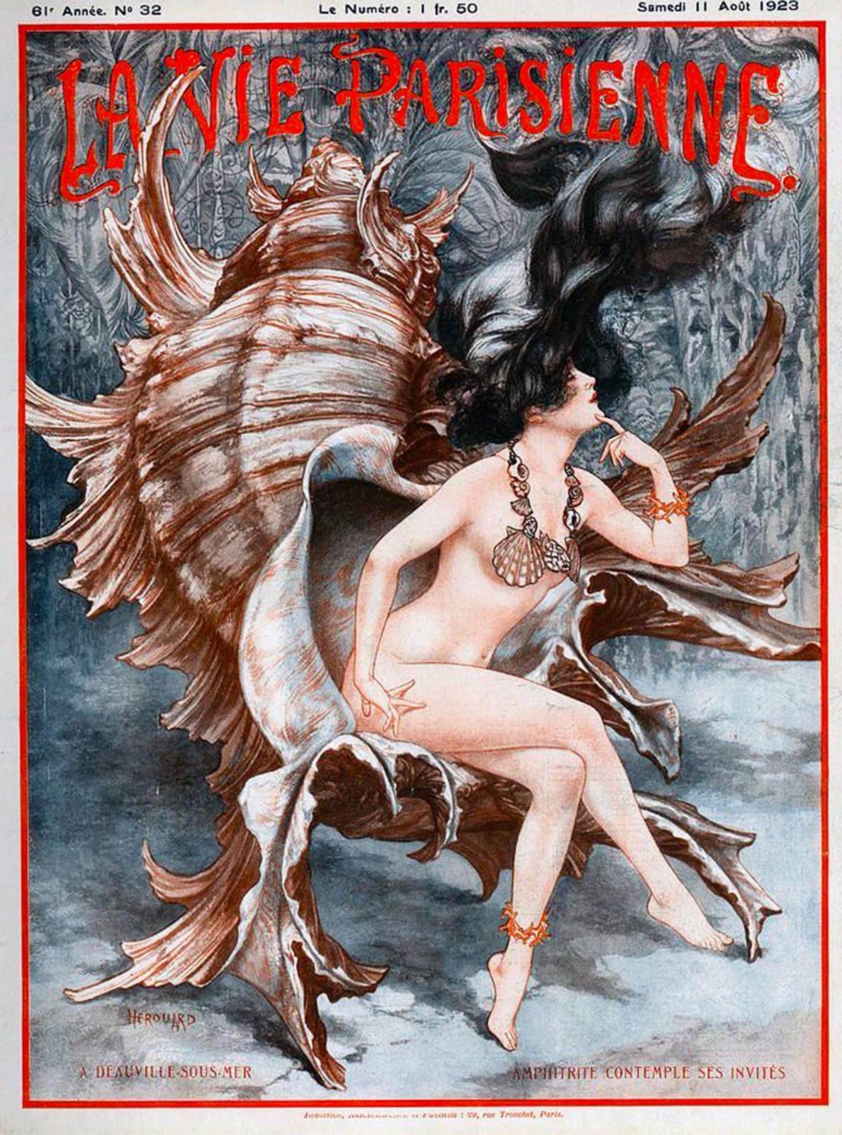 1923 La Vie Parisienne Nude in Conch Shell France Travel Advertisemnt Poster 