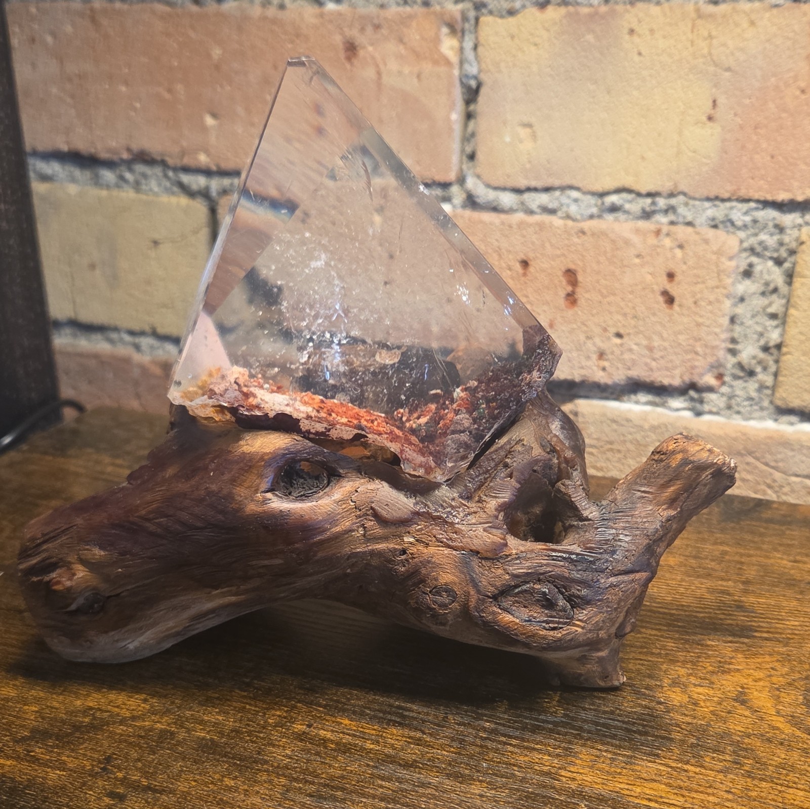 Polished Garden Quartz With Wood Stand,Lodolite, 512g, Triangular Shape L#GQ120 Polished Garden Quartz With Wood Stand,Lodolite, 512g, Triangular Shape L#GQ120