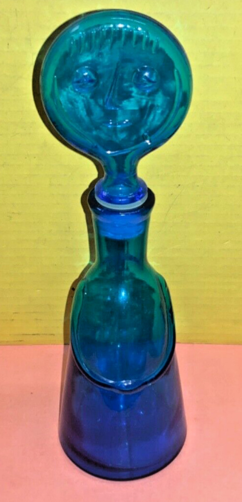 VTG Neiman Marcus Blue Glass Decanter w/ Woman Face - AS IS