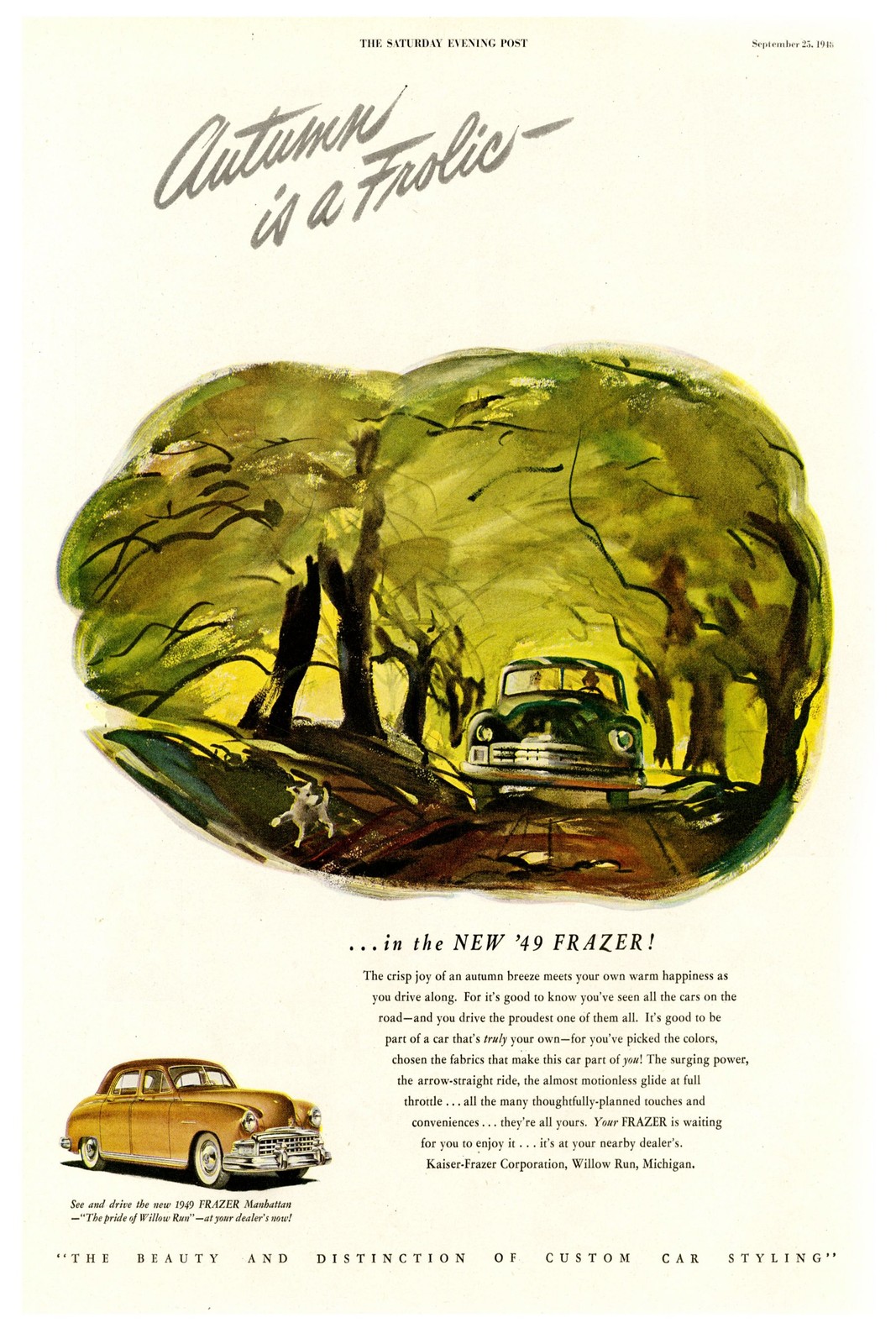 🚗 Autumn is a Frolic - 1949 Frazer Vintage Ad Poster - 24x36” - Hi-Res💎 Print