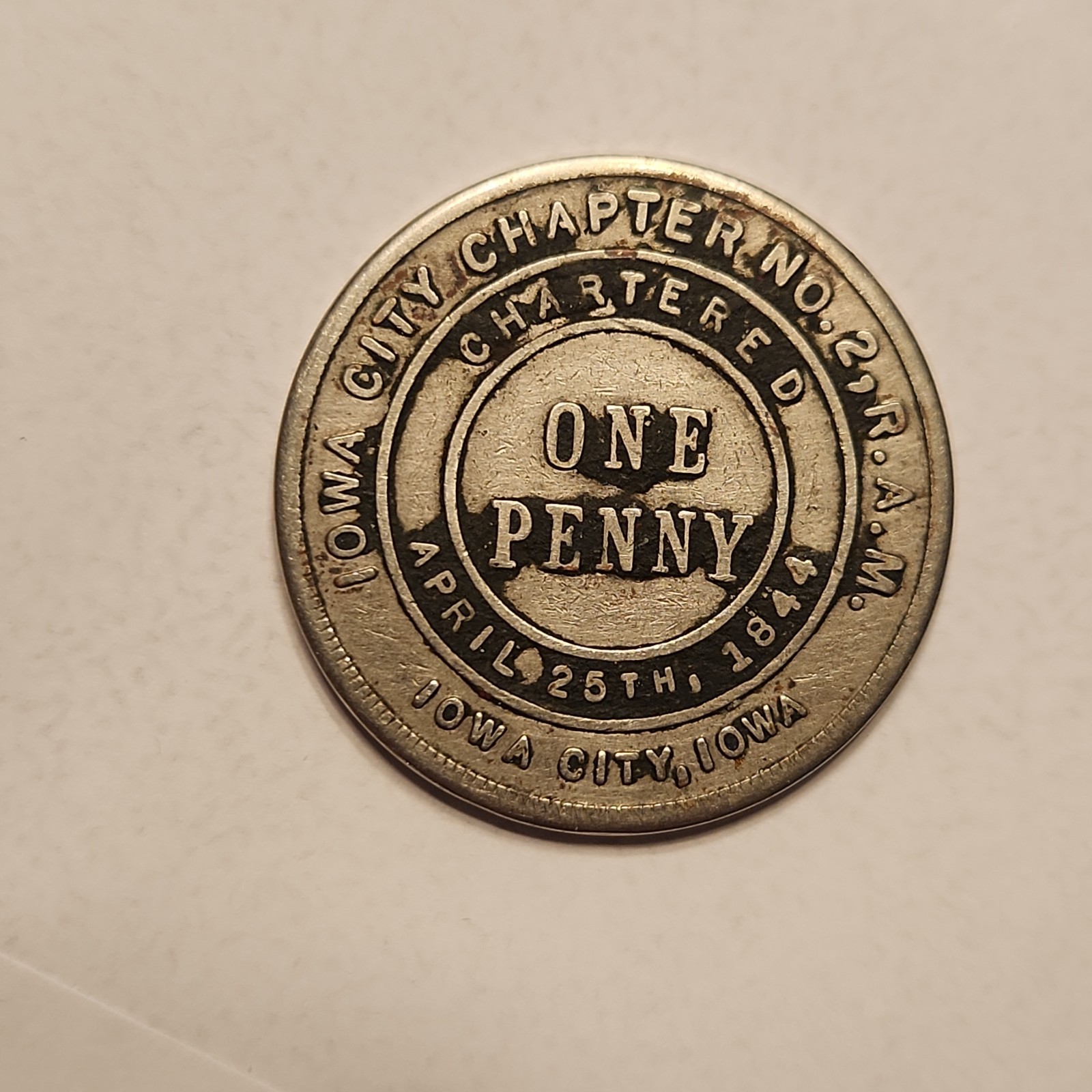 1844 ONE PENNY COIN - VINTAGE rare - IOWA CITY TEMPLE CHAPTER 2 R.A.M. MASONIC 1844 ONE PENNY COIN - VINTAGE rare - IOWA CITY TEMPLE CHAPTER 2 R.A.M. MASONIC