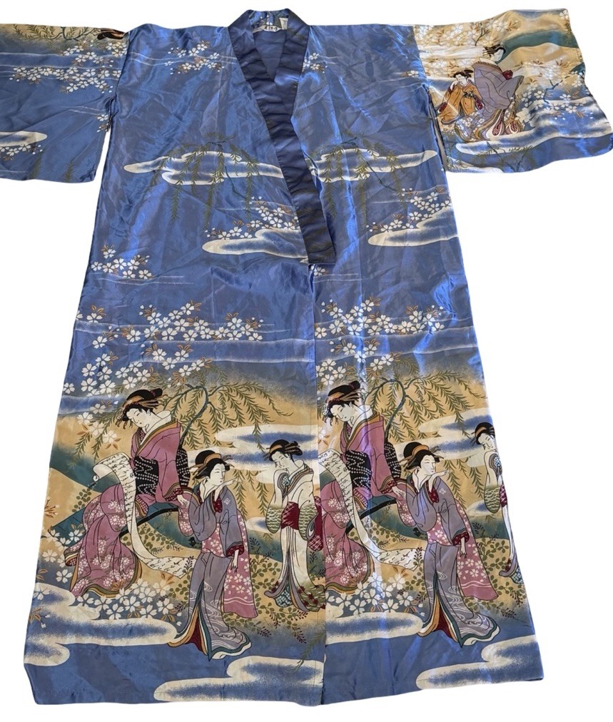 VTG JUGUEMM Kimono Robe Blue Geisha Pagoda Cherry Blossoms JAPAN 56” Long SEE VTG JUGUEMM Kimono Robe Blue Geisha Pagoda Cherry Blossoms JAPAN 56” Long SEE