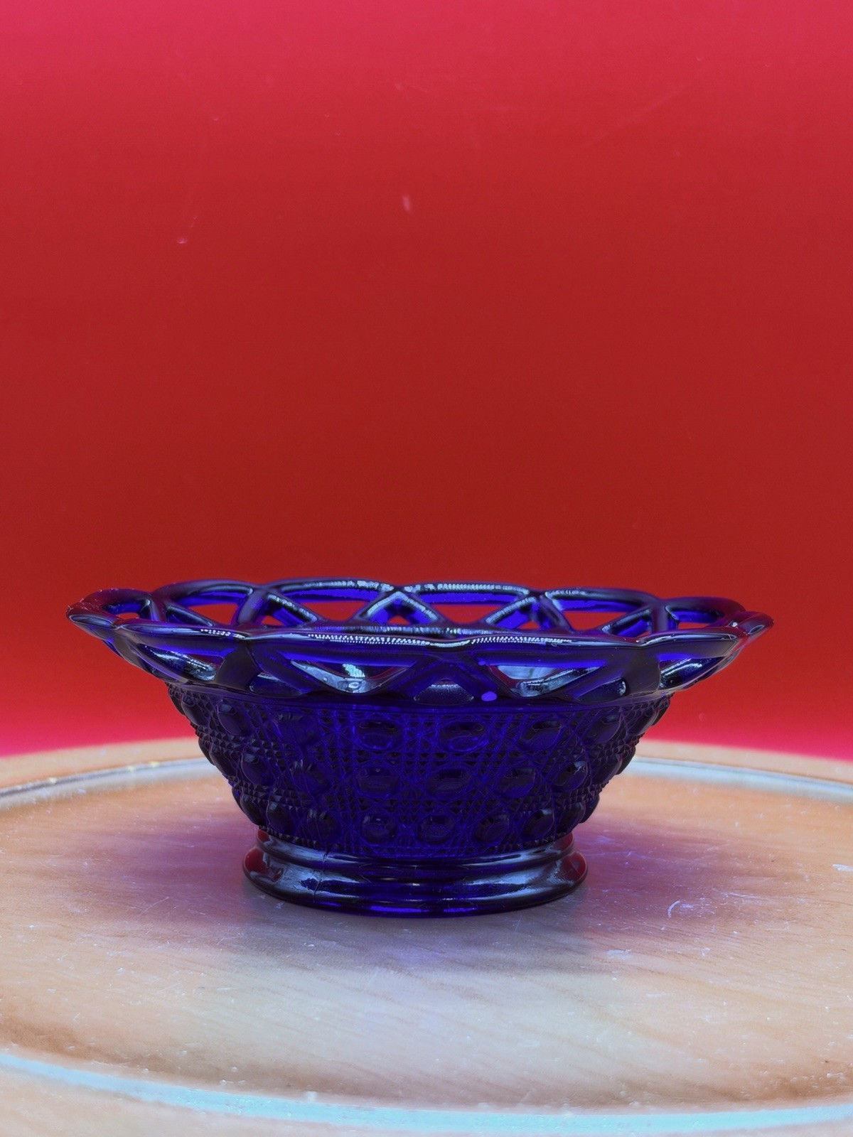 Vintage Cobalt Blue Open Lace Rimmed Decorative Glass Bowl
