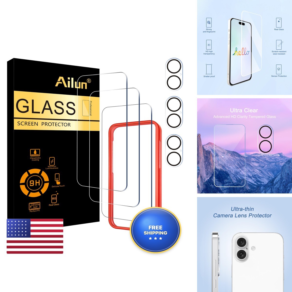 Ailun 3 Pack Screen Protector + Camera Lens Protector for iPhone 16 6.1 inch Ailun 3 Pack Screen Protector + Camera Lens Protector for iPhone 16 6.1 inch
