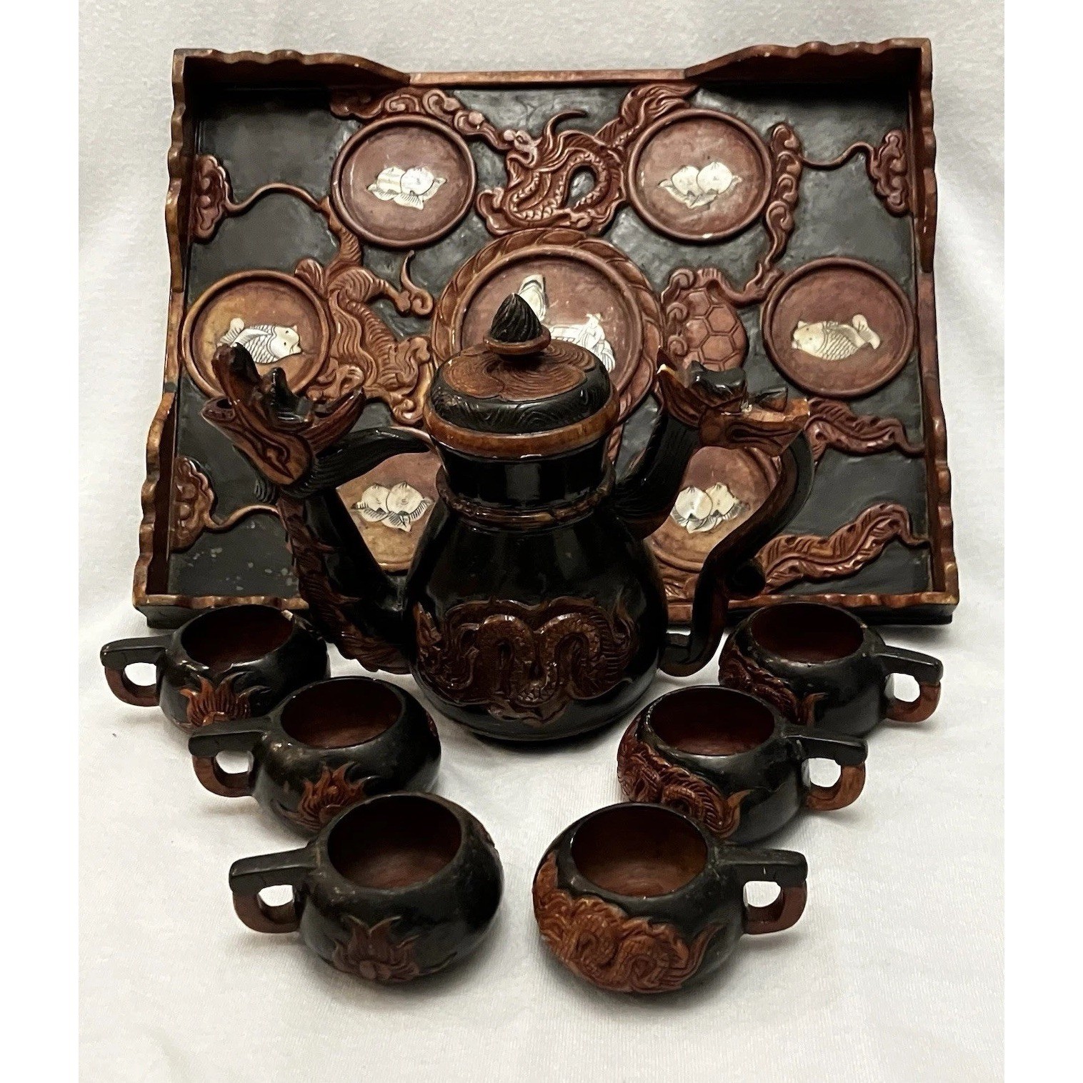 VTG Yixing Chinese Shoushan Stoneware Dragon Tea Set & Tray Mother of Pearl Rare VTG Yixing Chinese Shoushan Stoneware Dragon Tea Set & Tray Mother of Pearl Rare