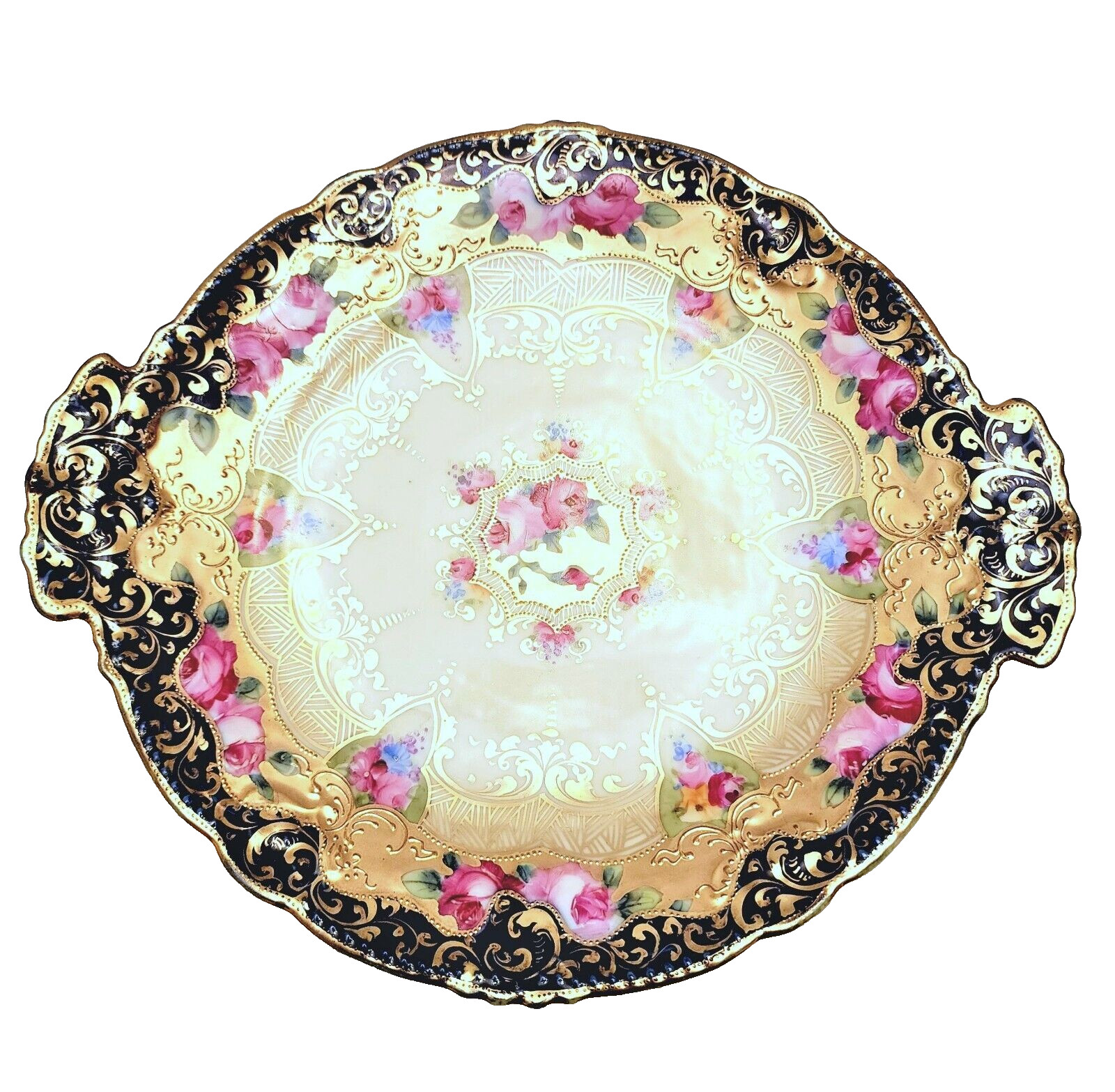 Antique Nippon Maple Leaf Cobalt Blue Gold Moriage Roses Serving Plate 1891-1911 Antique Nippon Maple Leaf Cobalt Blue Gold Moriage Roses Serving Plate 1891-1911